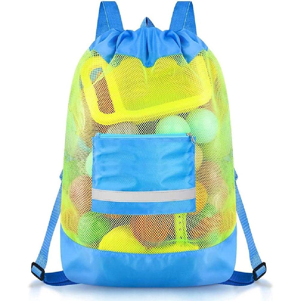 CHBC Large Mesh Beach Bag - Durable Drawstring Tote Backpack for Swim & Pool Toys Storage - Sand Resistant Design - Perfect for Beach Trips, Swimming Pools & Outdoor Activities (Blue)