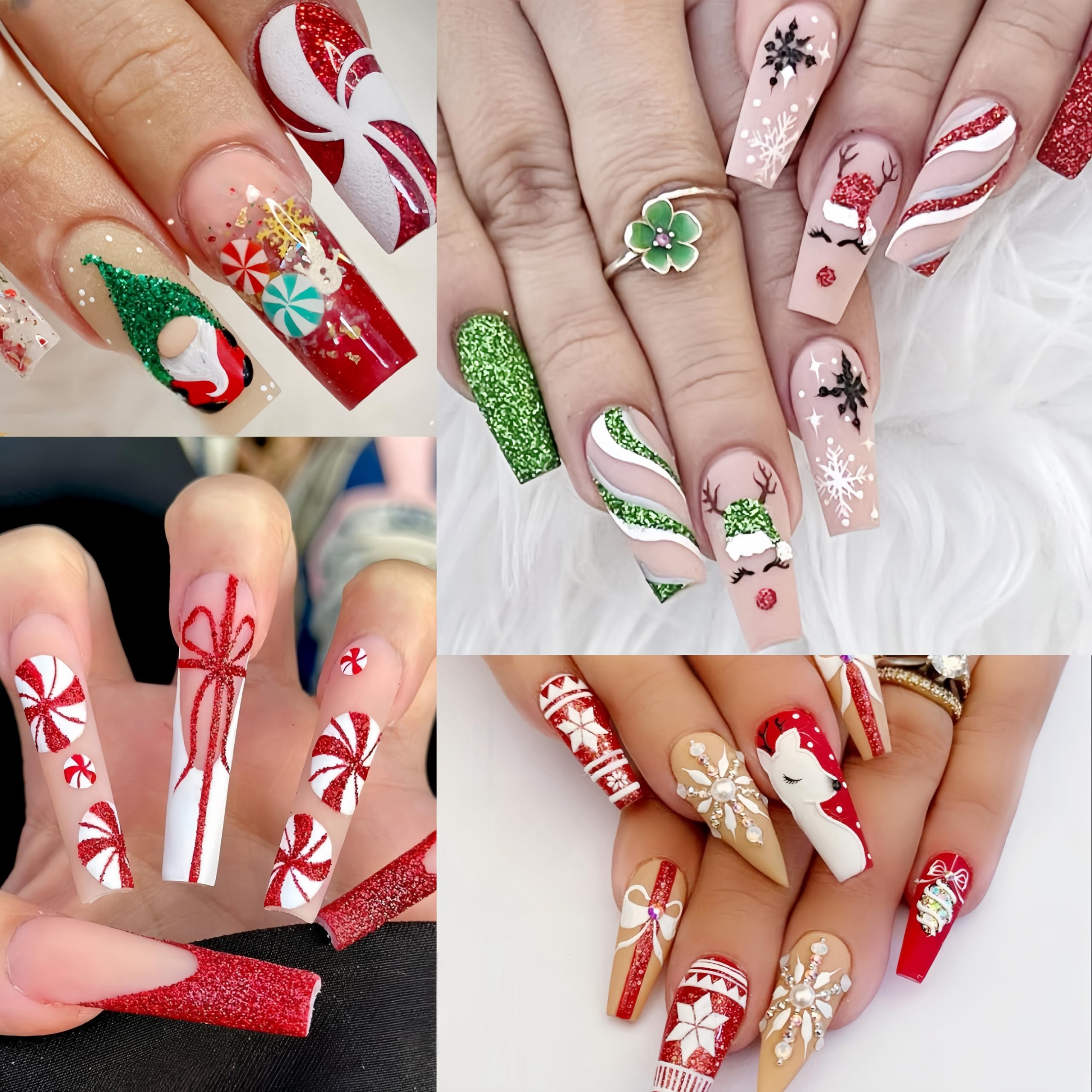 8 Sheets Christmas Nail Stickers - 3D Self-Adhesive Gingerbread Man, Snowmen, Elk & Santa Hat Nail Art Decals with Red Green Glitter for Holiday Manicure | Perfect for Xmas Parties, Gift Giving & Winter Nail Art Designs
