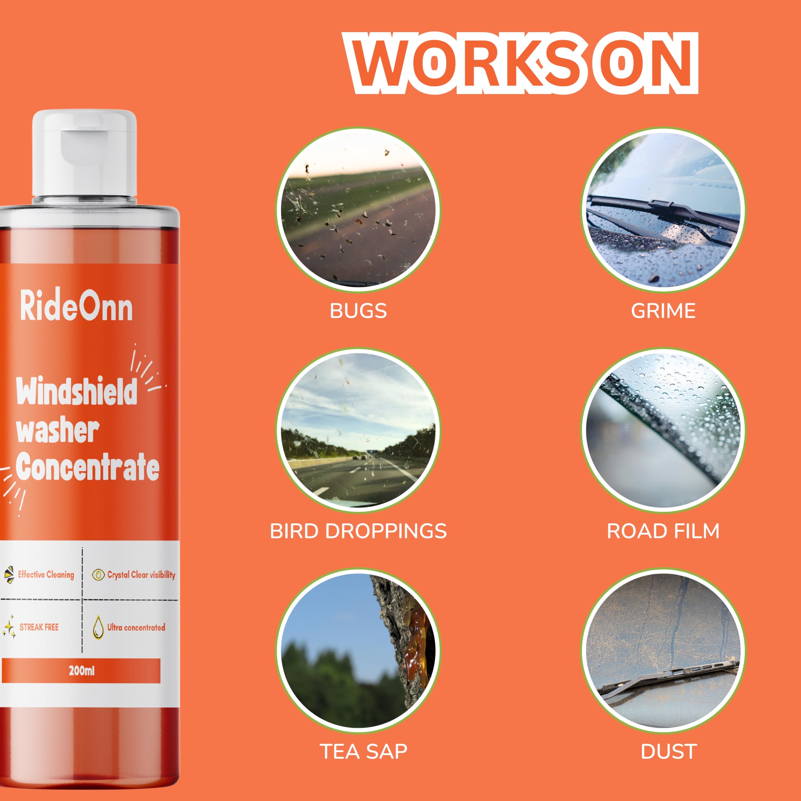 RideOnn Premium Windshield Washer Fluid Concentrate - 200ml Car Glass Cleaner & Wiper Fluid for All Vehicles - Safe for All Seasons, Rain & Snow - Pack of 1 (Ideal for Road Trips & Winter Driving)