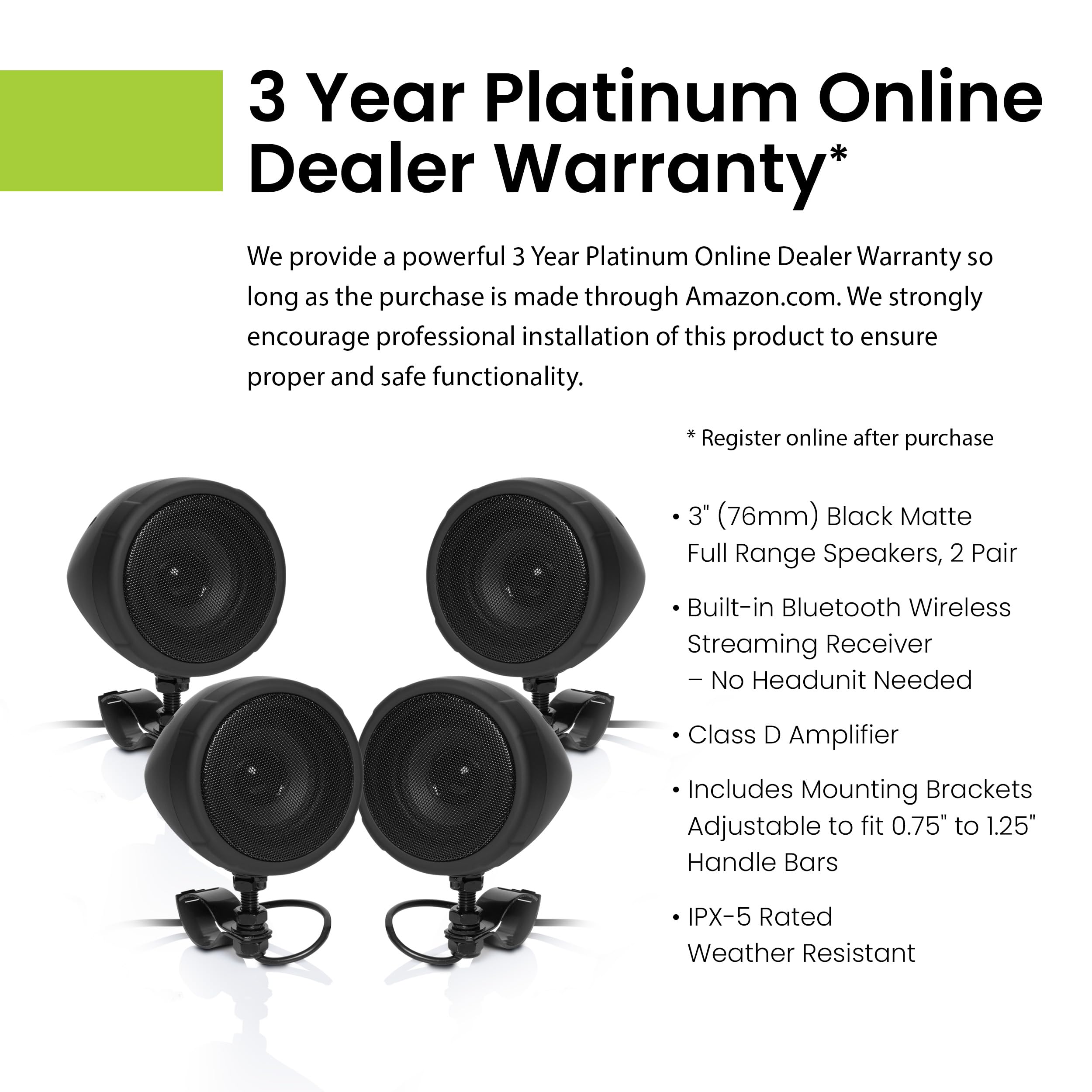 BOSS Audio Systems MCBK475BA 3 Inch Waterproof Motorcycle Speakers with Built-in Amplifier & Bluetooth - Wireless Streaming, Weatherproof Design, Volume Control, ATV/UTV Compatible - Perfect for Motorcycles, ATVs, UTVs & Outdoor Adventures