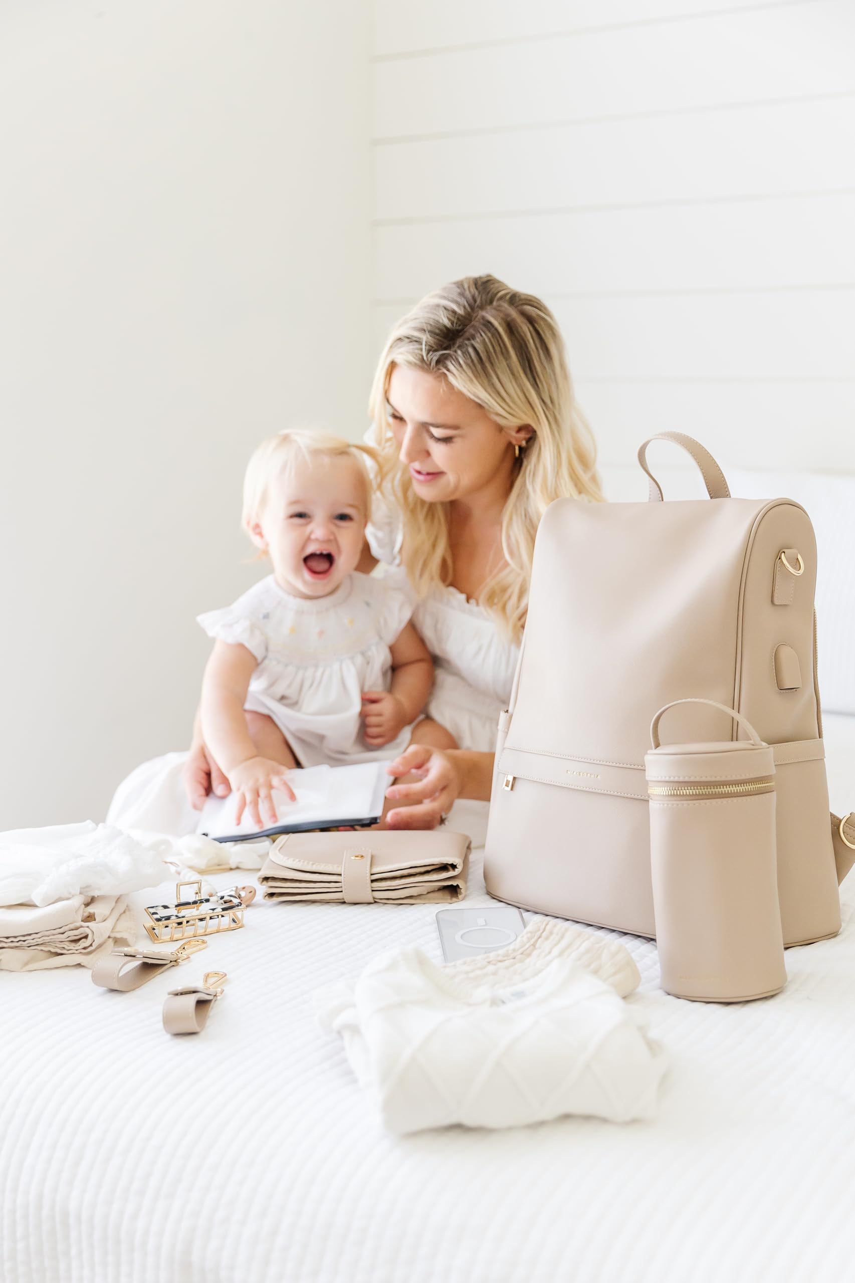 Premium Leather Diaper Bag Backpack with USB Charging Port, Insulated Bottle Holder & Stroller Straps - Includes Changing Pad - Perfect for Moms & Dads On-The-Go (Beige Mia) - Ideal for Travel, Shopping & Baby Care Essentials