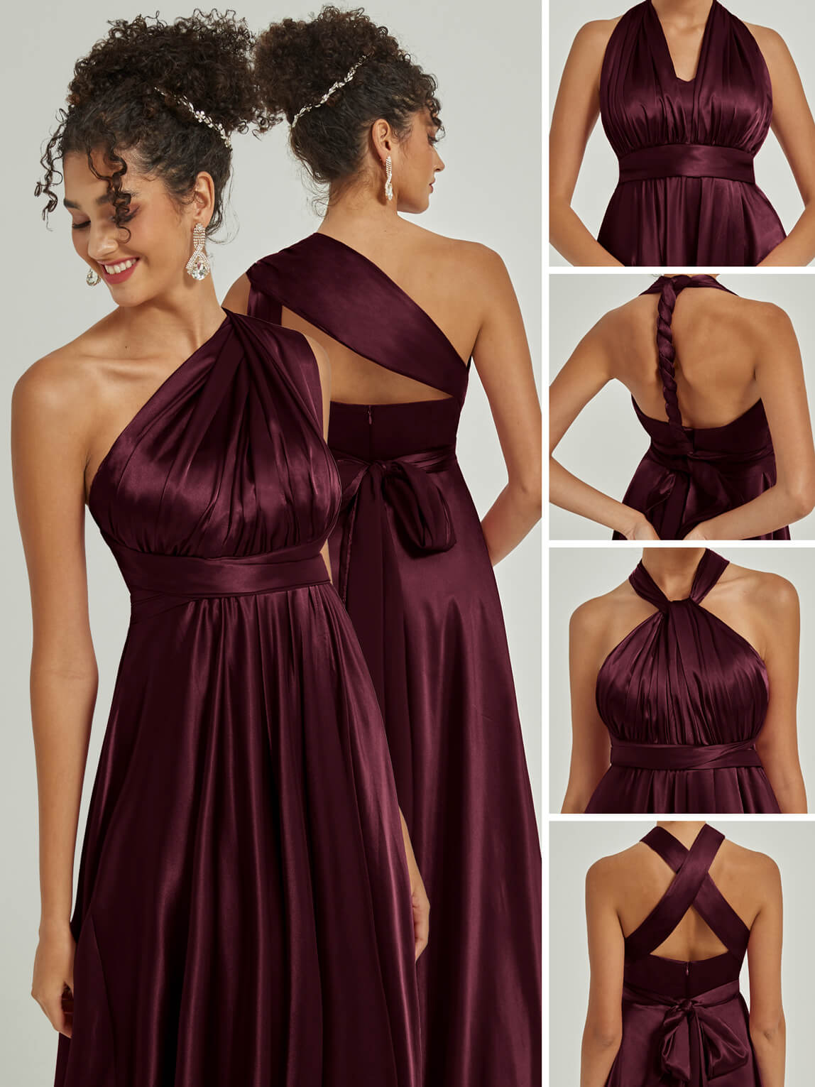 Elegant Cabernet Satin Convertible Bridesmaid Dress - Multi-Way Wrap A-Line Gown for Weddings, Prom & Formal Events