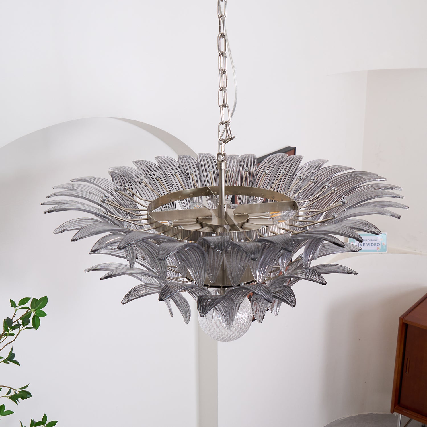 Murano Glass Palmette Transparent Crystal Chandelier - Elegant Lighting Fixture for Dining Room, Living Room & Bedroom Decor
