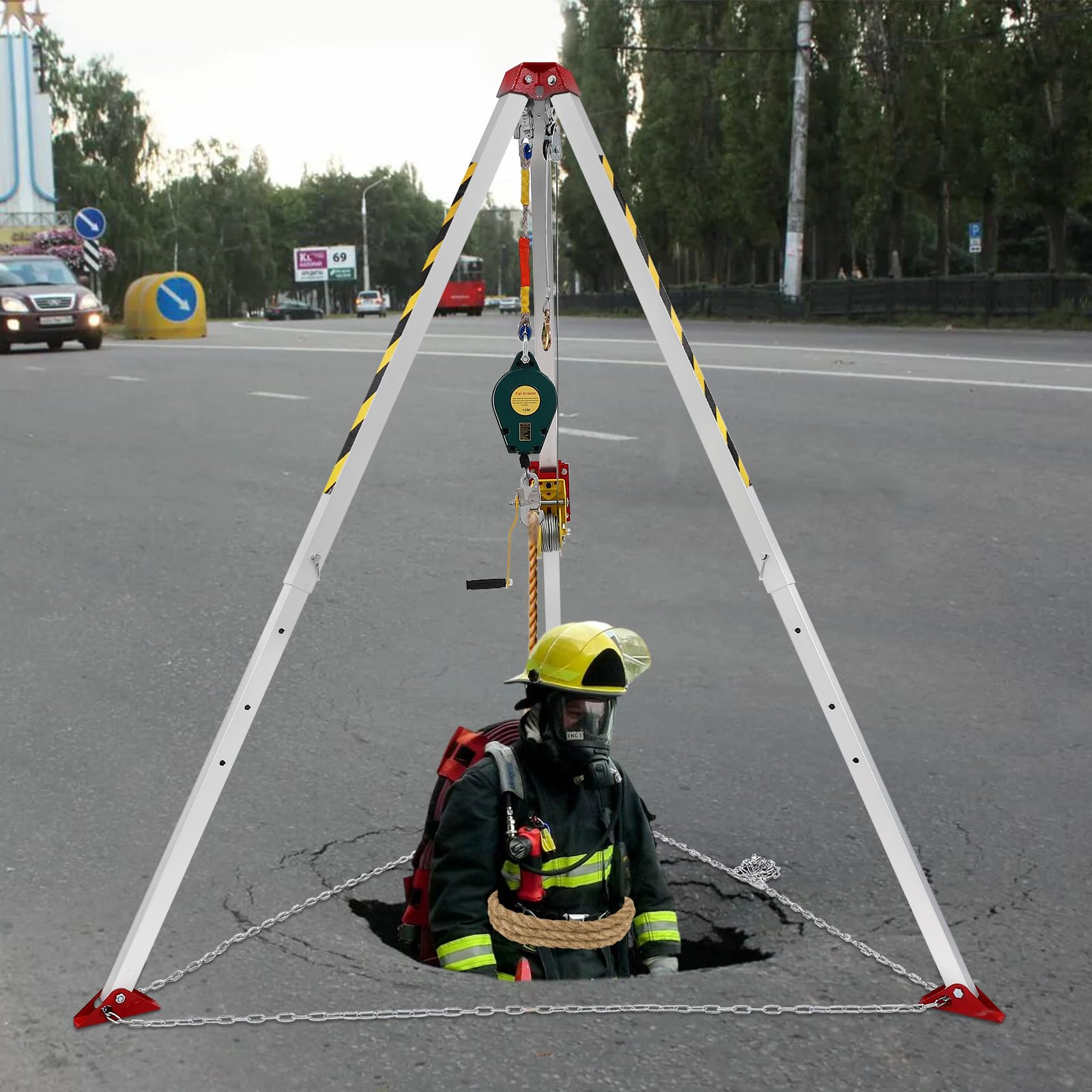 **1200lbs Winch Confined Space Tripod Kit - Adjustable 65.62' Cable, Self-Locking Fall Arrester, Storage Bags - Ideal for Confined Space Rescue, Construction, and Industrial Safety**