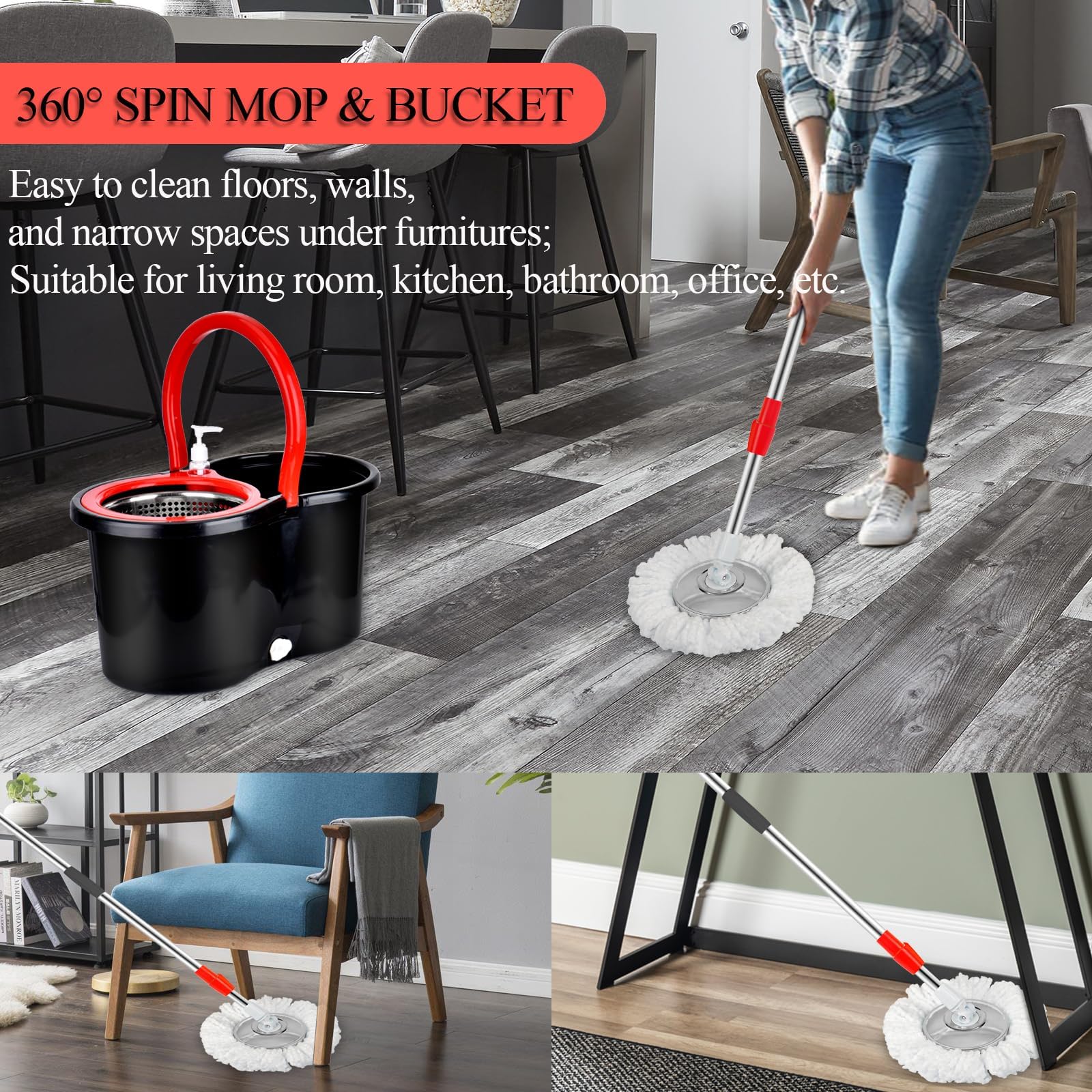 360° Spin Mop and Bucket Set with Wringer - 3 Microfiber Refills for Wet & Dry Floor Cleaning | Home & Kitchen Cleaning System | Perfect for Hardwood, Tile & Laminate Floors