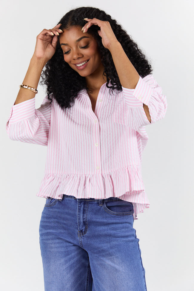 Stylish Pink Ruffle Hem Striped Button Down Blouse for Women - Trendy Textured Shirt for Office, Date Night & Casual Outfits