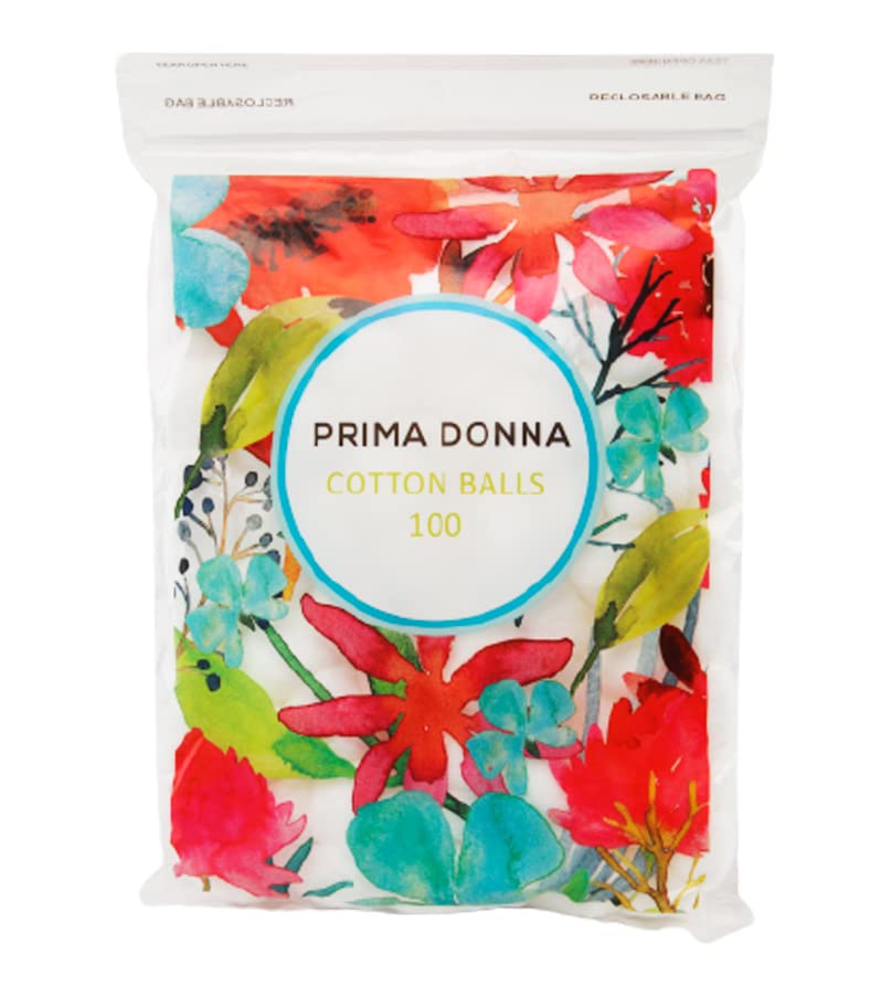 Prima Donna 100% Pure Cotton Balls - Soft & Highly Absorbent for Makeup Removal, Nail Polish, Medical Use - 100 Count (1 Pack) | Gentle for Face & Eyes, Ideal for Skincare & First Aid