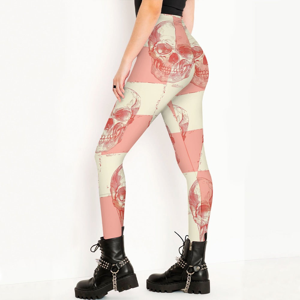 Trendy Peach Skulls Print Leggings for Women - High Waist Yoga Pants, Comfortable Workout Tights for Gym, Running & Casual Wear