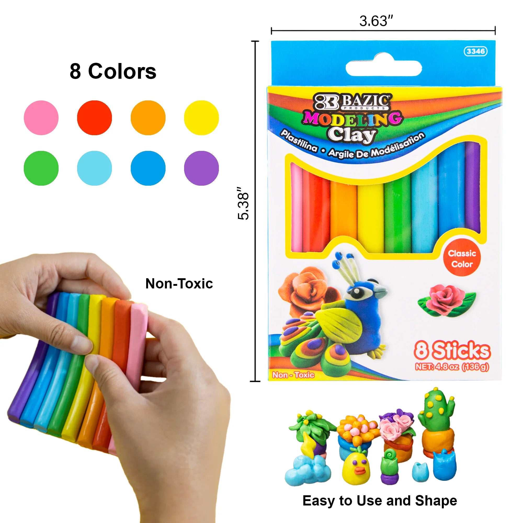 BAZIC Rainbow Delight Modeling Clay Sticks - 8 Vibrant Colors (24 Pack) for Kids Art Projects, DIY Crafts & Creative Play