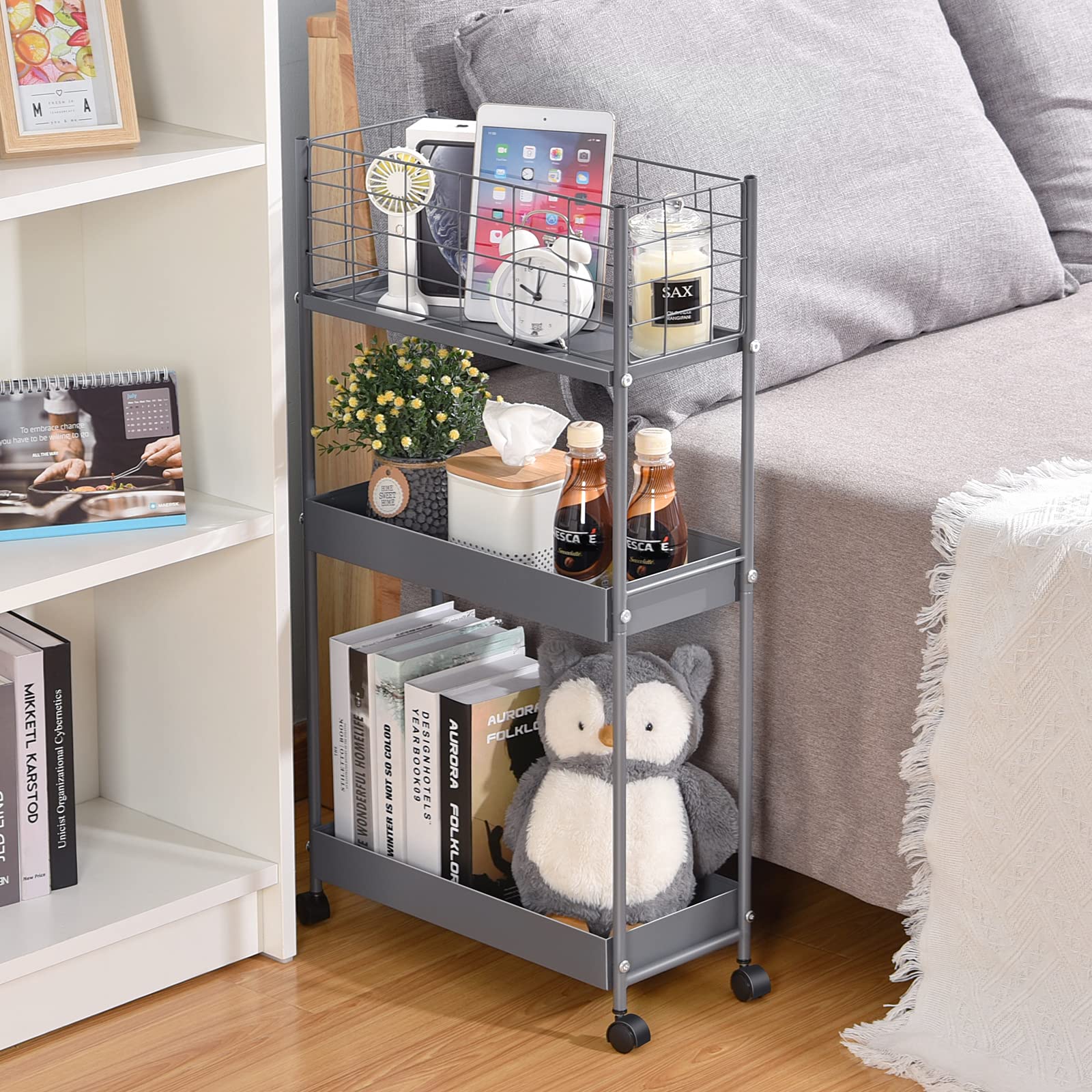 KINGRACK 3-Tier Slim Metal Rolling Storage Cart with Wheels | Space-Saving Utility Cart for Office, Kitchen, Bathroom & Narrow Spaces | Grey | Perfect for Organizing Supplies, Cosmetics & Cleaning Products