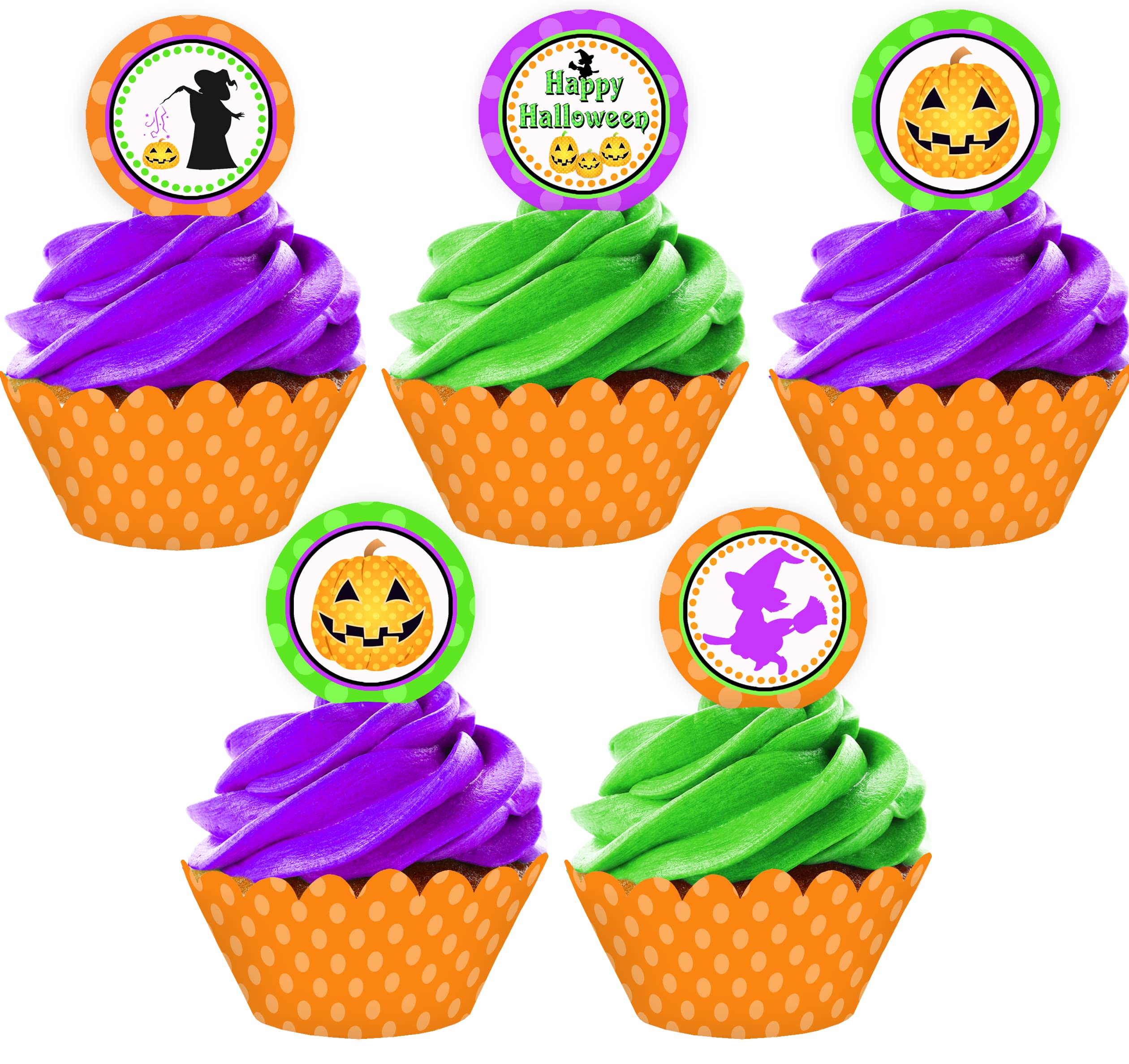 Halloween Cupcake Toppers and Wrappers Set - 24 Spooky Witch Decorations for Halloween Party Supplies - Perfect for Cupcake Decorating, Birthday Parties & Fall Celebrations