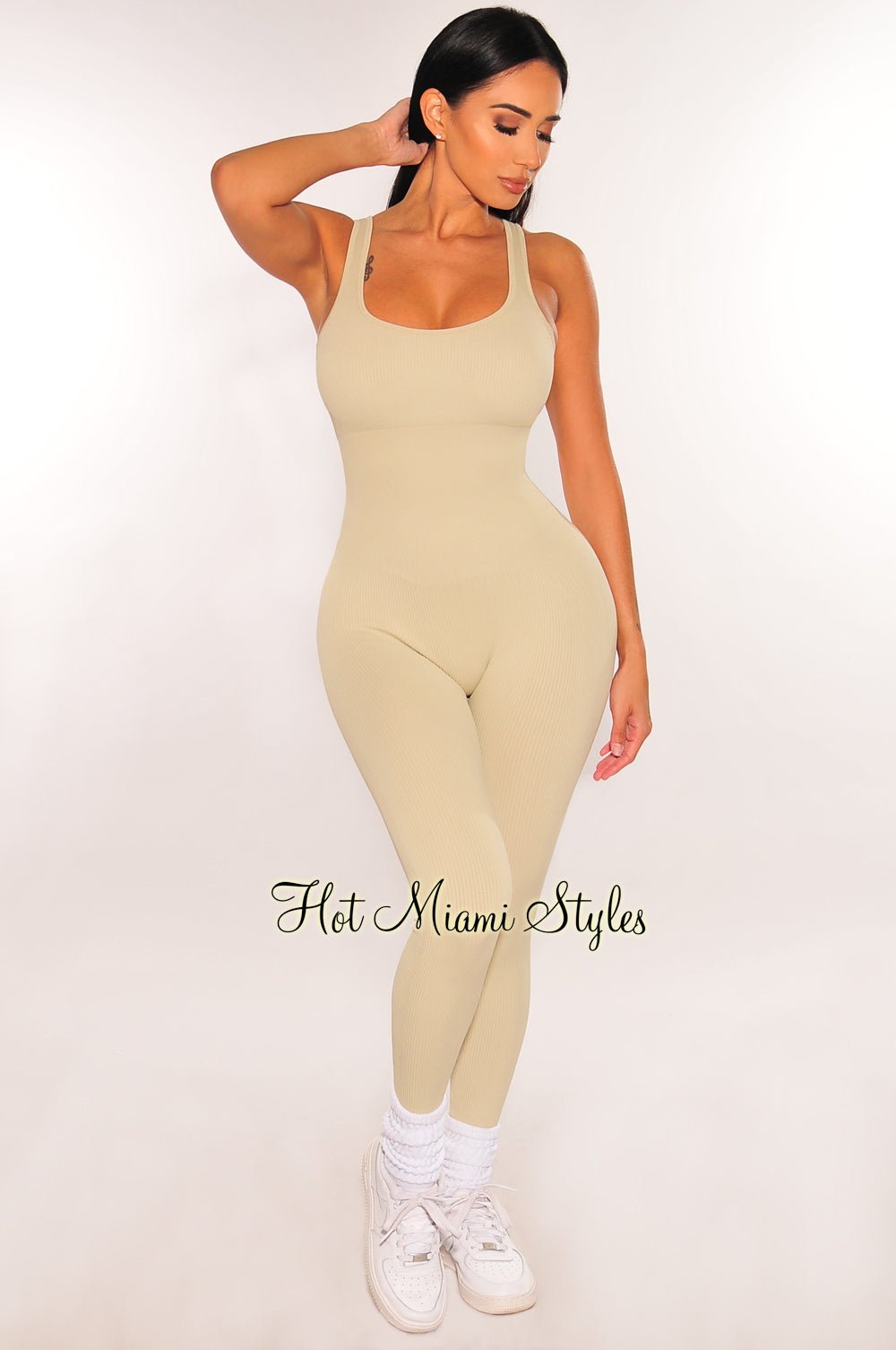 HMS Fit Seamless Ribbed Padded Jumpsuit - Nude Color Snatched Bodycon Outfit for Women | Perfect for Gym, Night Out & Casual Wear