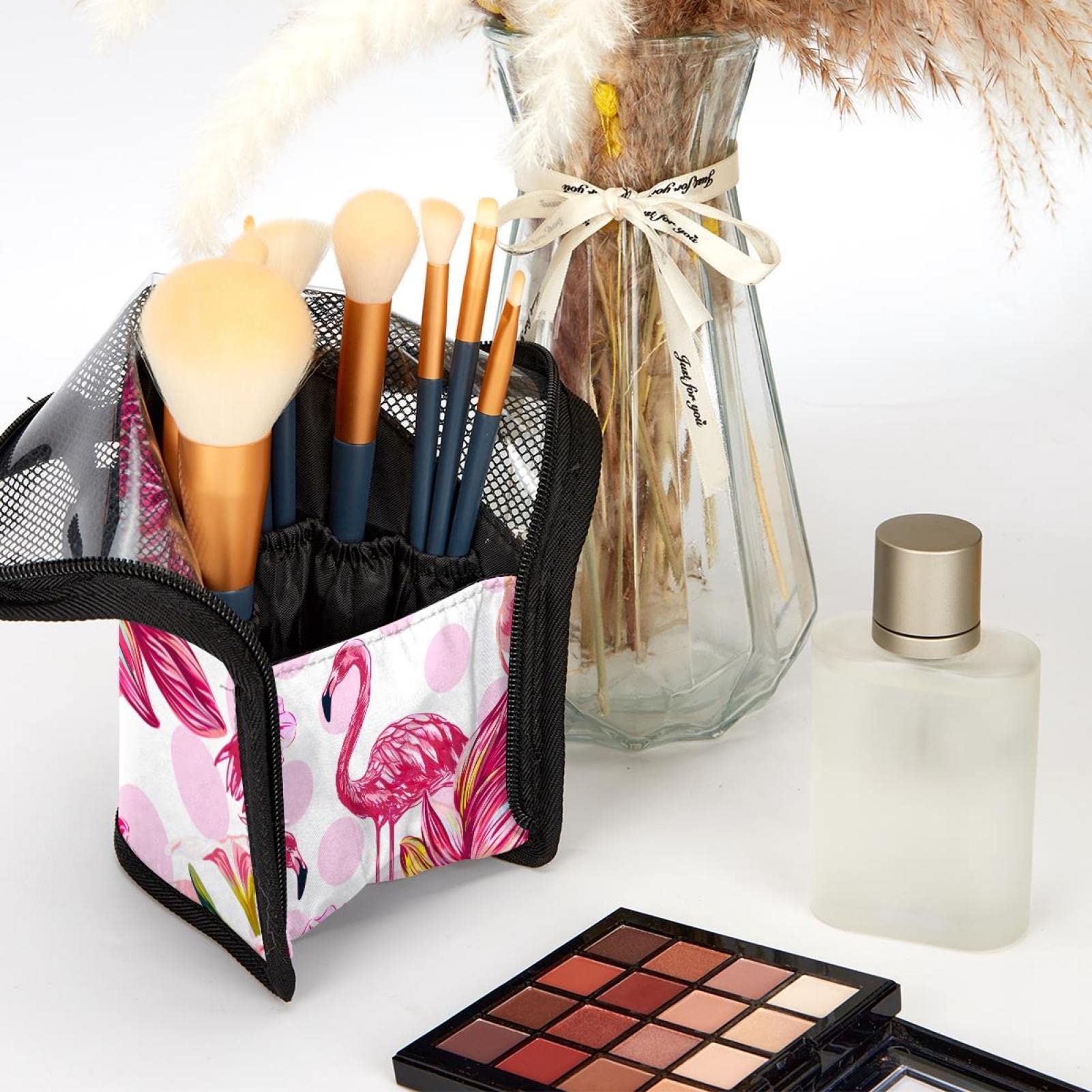 12-Piece Makeup Brush Organizer Bag with Pink Flamingo & Tropical Flower Design - Portable Cosmetic Brush Holder Case for Travel, Home & Professional Makeup Artists