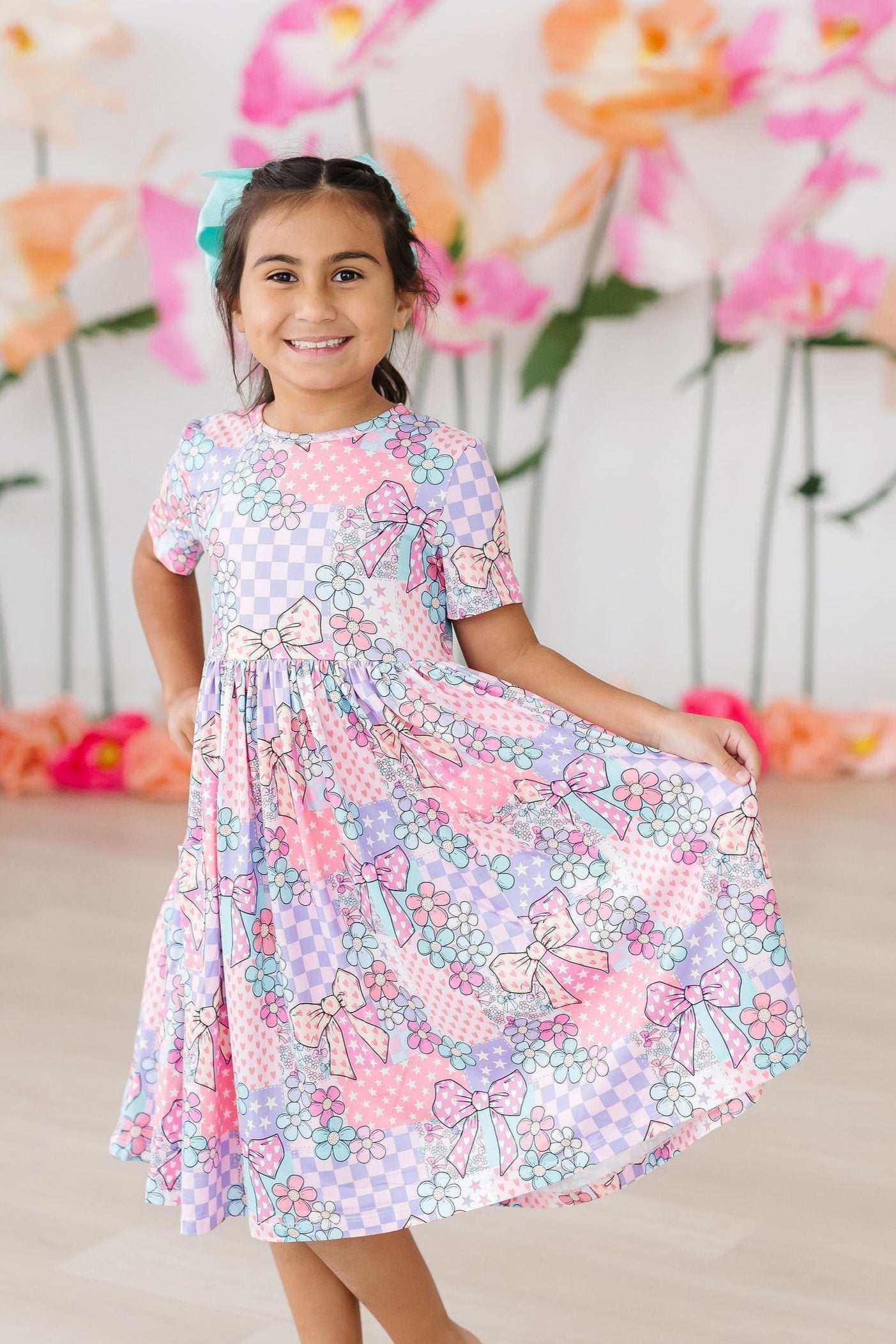 Patchwork Princess Short Sleeve Pocket Twirl Dress for Girls - Perfect for Summer Parties, School Events & Photo Shoots