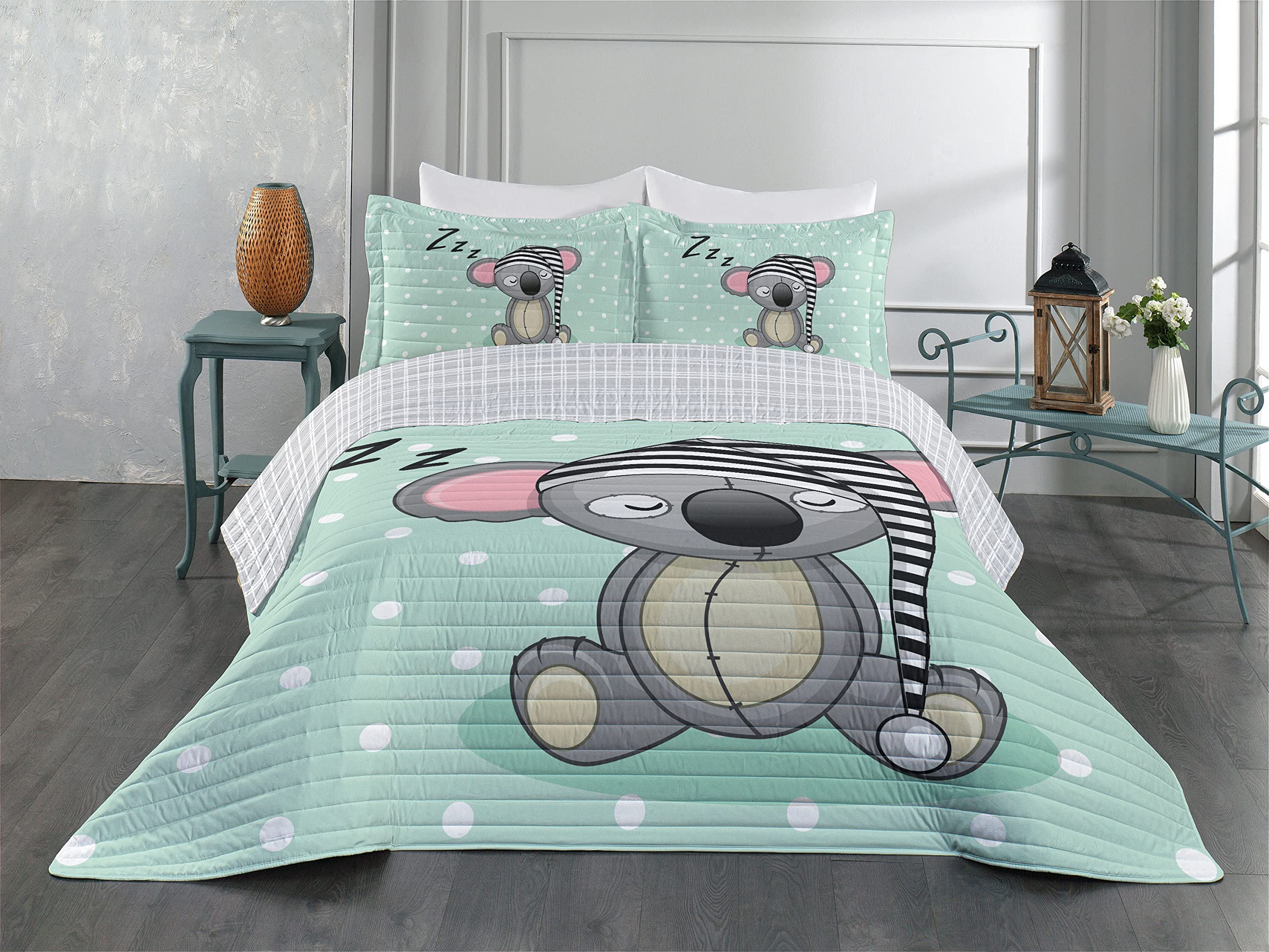 Ambesonne Koala Reversible King Size Bedspread Set - Mint Green Grey Pink Microfiber Comforter with Pillow Shams, Playful Polka Dot & Striped Hat Design - Perfect for Kids' Bedrooms, Nursery Decor, and Cozy Animal-Themed Bedding