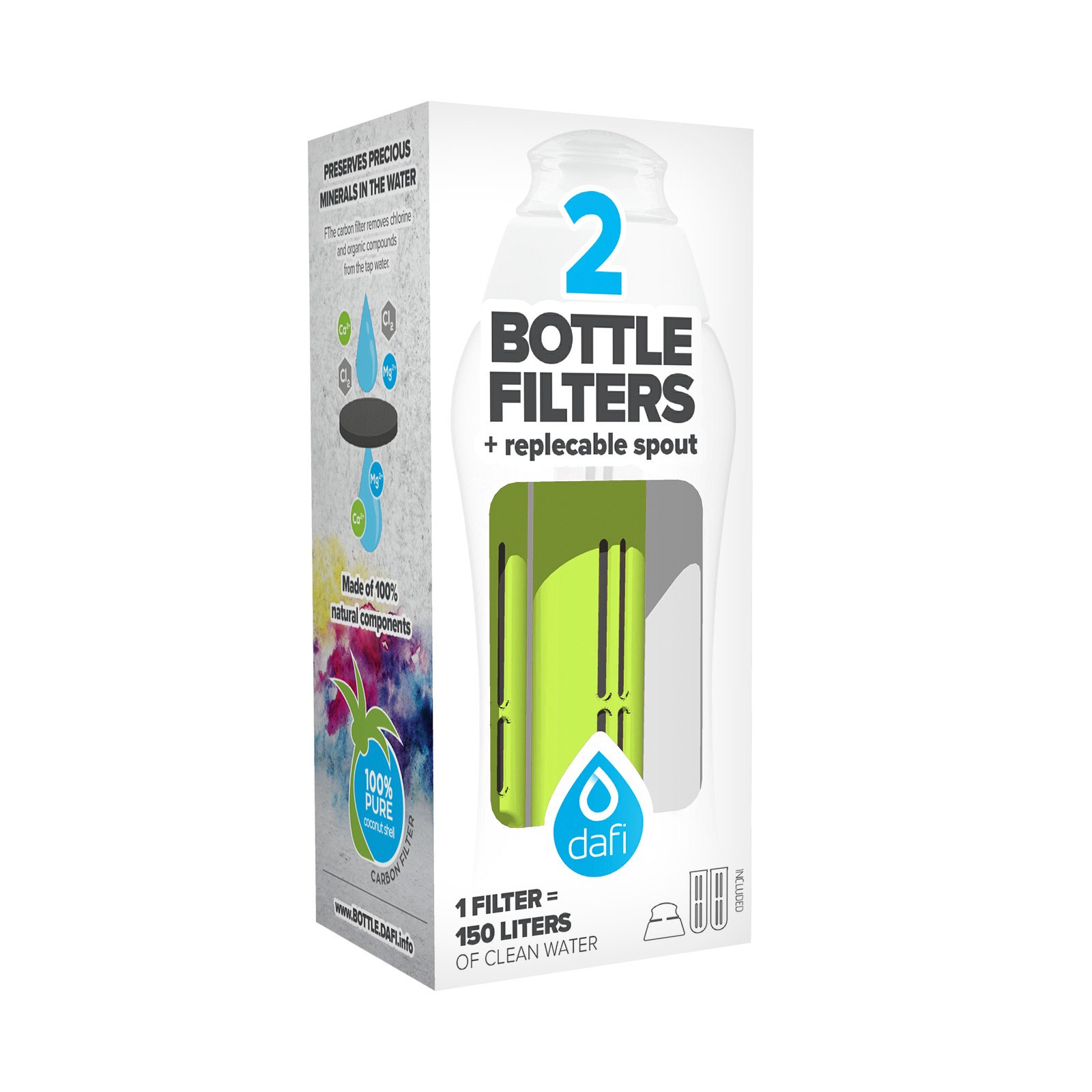 DAFI Green Water Bottle Filters 2-Pack | 60-Day Lasting | Hiking & Camping | BPA-Free
