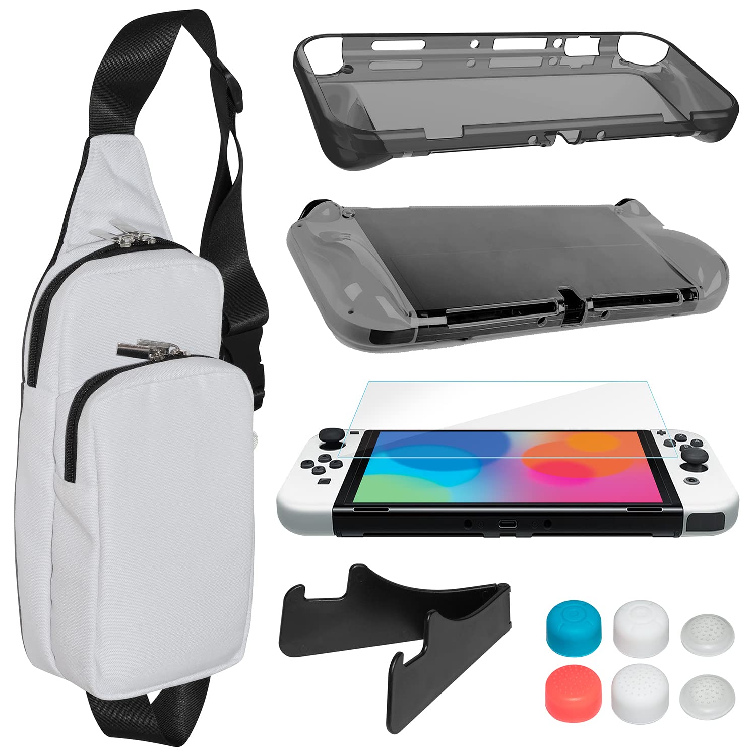Premium TPU Case Cover Accessories Kit for Nintendo Switch OLED Model - Includes Travel Shoulder Bag, Tempered Glass Screen Protector, Thumb Grip Caps & Mini Playstand (Translucent Black) | Perfect for Gaming On-The-Go & Travel Protection