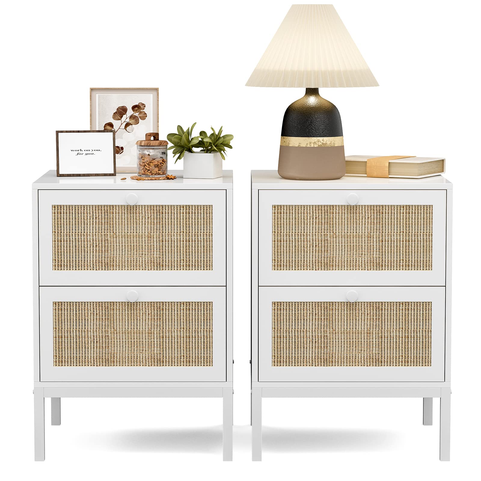 IKIFLY Rattan Nightstand Set of 2 - Farmhouse Boho Style End Tables with 2 Handmade Rattan Drawers & Wood Accent, Storage Side Tables for Bedroom & Living Room - White - Perfect for Small Spaces & Cozy Home Decor