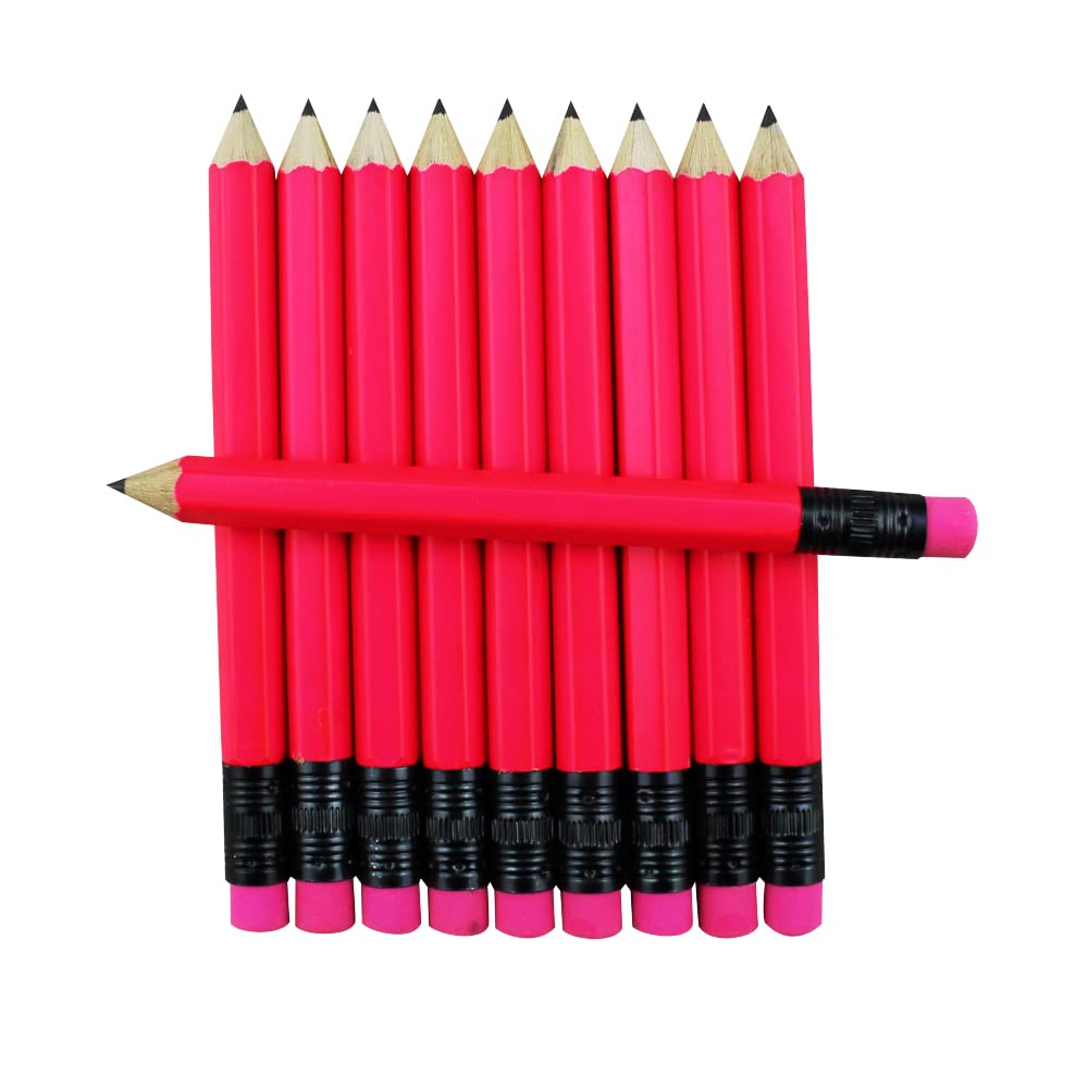EZPENCILS & GIFTS - 100-Pack Neon Pink Golf Pencils with Eraser Tips - 2HB Black Lead & Non-Smear Erasers - Half-Size Blank Pencils for Golf Scorecards, Mini Notes & Office Use
