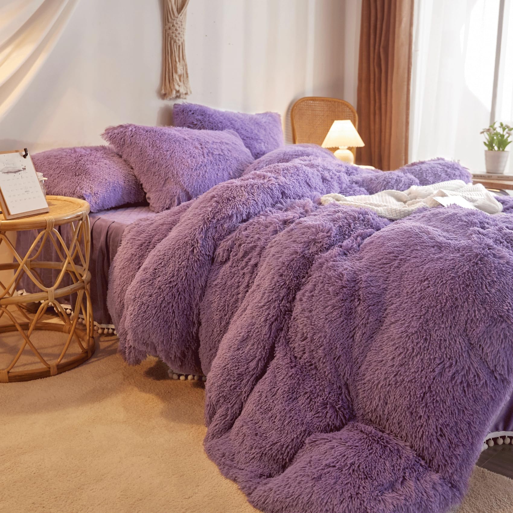 Soft Fluffy Purple Comforter Cover Set Queen Size - 3 Piece Plush Bedding Set (1 Faux Fur Duvet Cover + 2 Shaggy Pillowcases) - Cozy Winter Bedroom Decor for Girls & Women