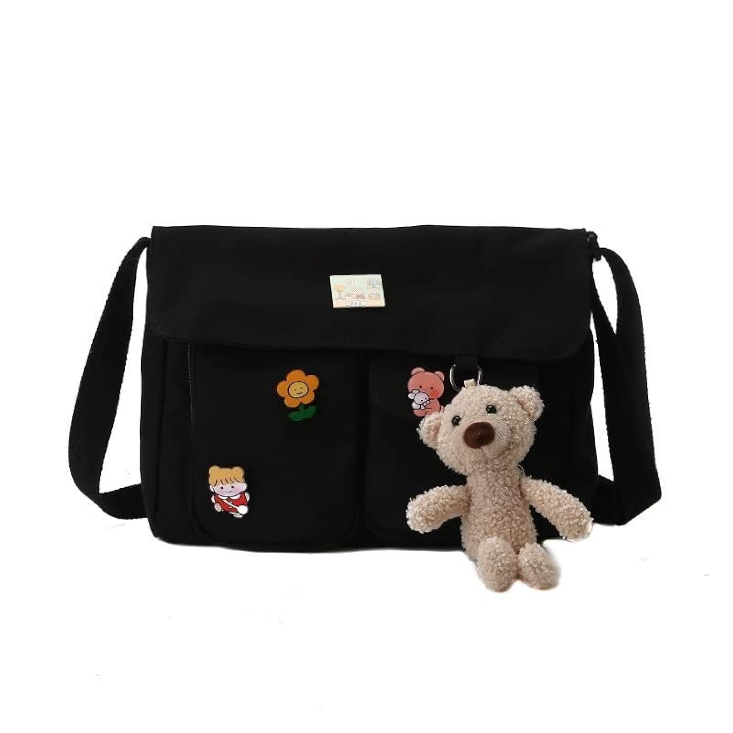 Stylish Canvas Crossbody Bag for Women & Girls - Cute Messenger Purse with Pins & Pendant - Fashionable Casual Shoulder Bag for School, Work & Travel