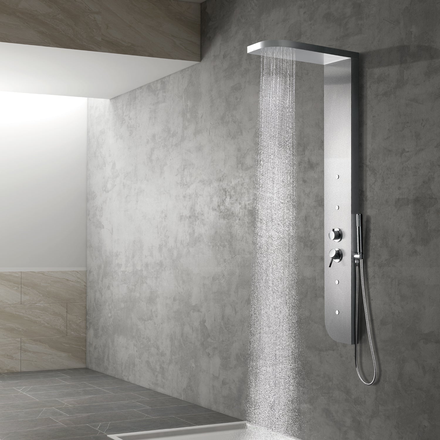 DAX Brushed Stainless Steel Shower Panel with Pressure Balance Valve - 8 Adjustable Body Jets & Hand Shower (DAX 208 BN) for Spa-Like Bathroom Experience - Perfect for Modern Home, Hotel, and Luxury Bathroom Renovation