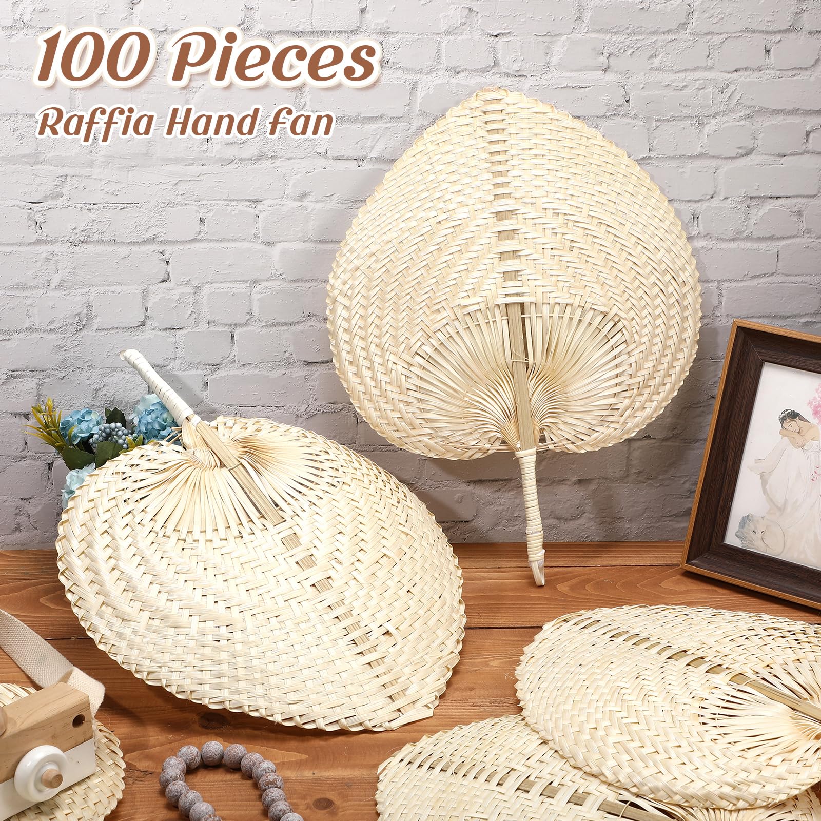 BBTO Handmade Woven Bamboo Fans - Natural Raffia Hand Fans for Summer Cooling, Bulk 100 Pieces - Perfect for Indoor/Outdoor Use, Weddings, Parties, Farmhouse Decor & Wall Hangings
