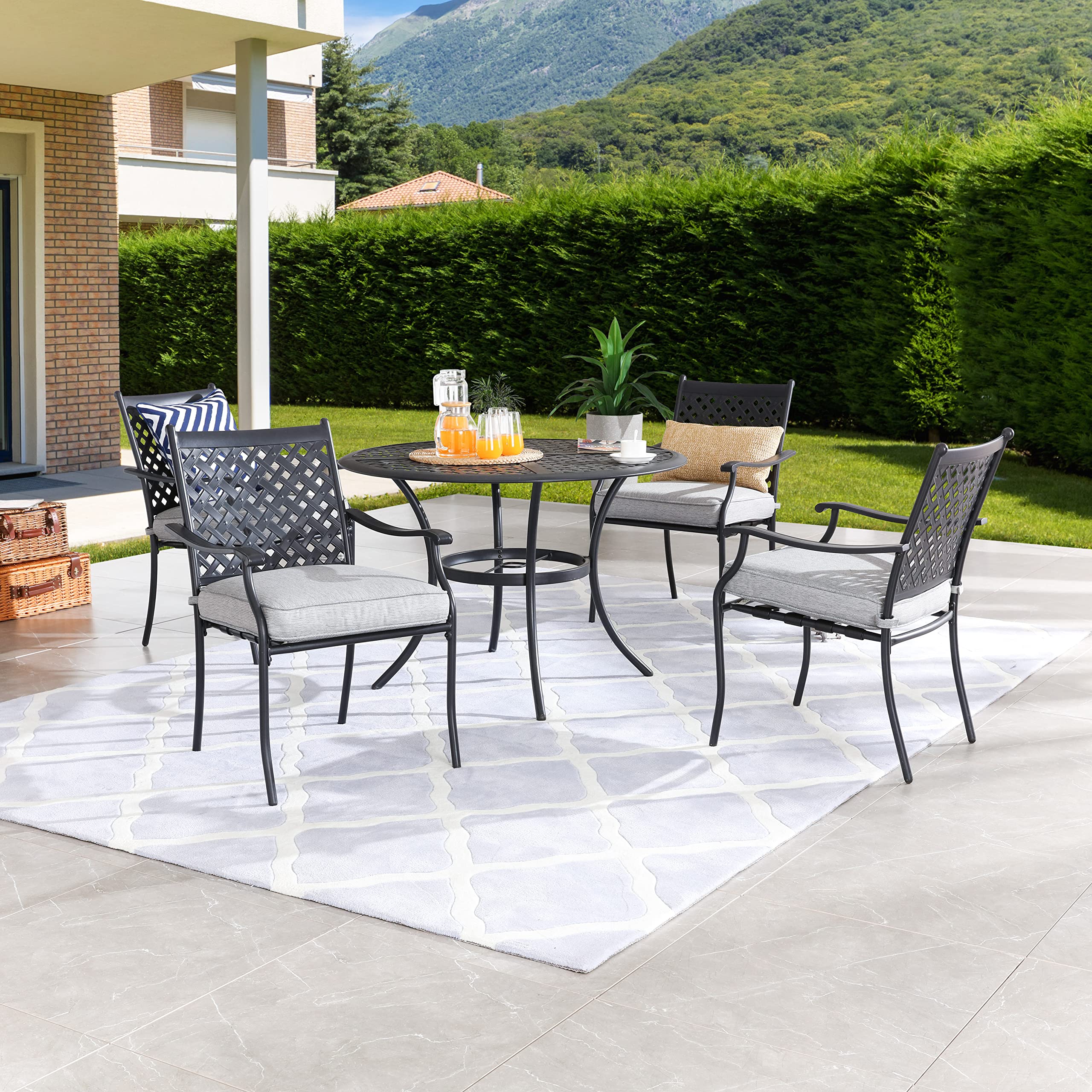 LOKATSE HOME 5-Piece Outdoor Dining Set - Metal Patio Furniture with Round Table & 4 Chairs, Umbrella Hole - Grey - Perfect for Backyard, Garden, Poolside & Deck Relaxation