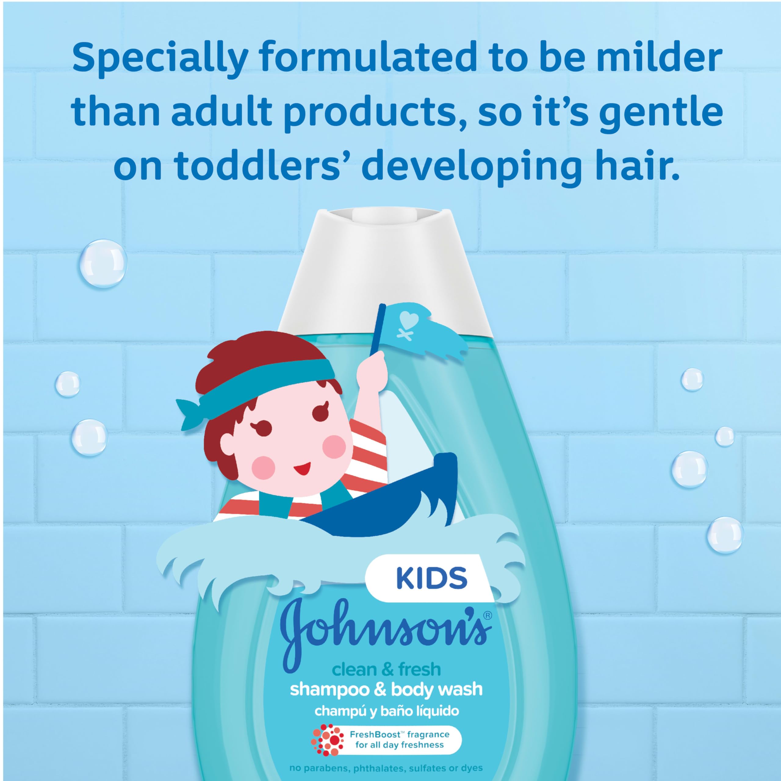 Johnson's Kids Clean & Fresh Tear-Free Shampoo & Body Wash - Hypoallergenic, Paraben, Sulfate & Dye Free - Gentle for Toddlers & Kids Hair Care - FreshBoost Scent 13.6 fl oz - Perfect for Daily Bath Time & Sensitive Skin