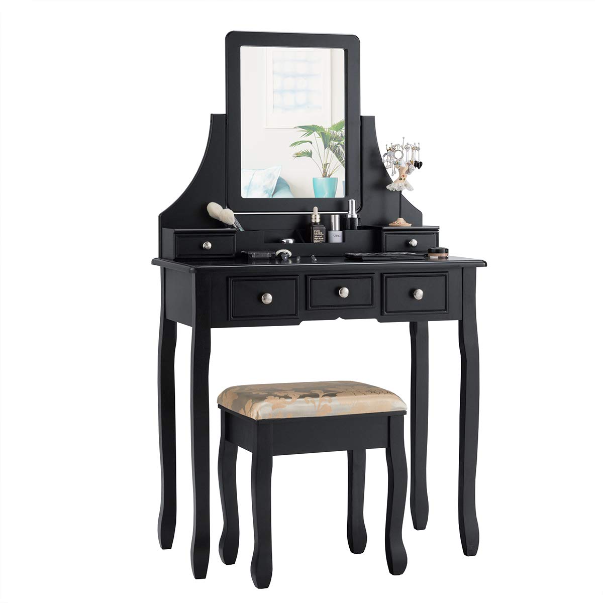 Charmaid Vanity Makeup Table Set with Mirror & Cushioned Stool - 5-Drawer Dressing Table with Removable Storage Organizers - Elegant Black Makeup Vanity for Women & Girls - Perfect for Bedroom, Dorm Room & Beauty Salon