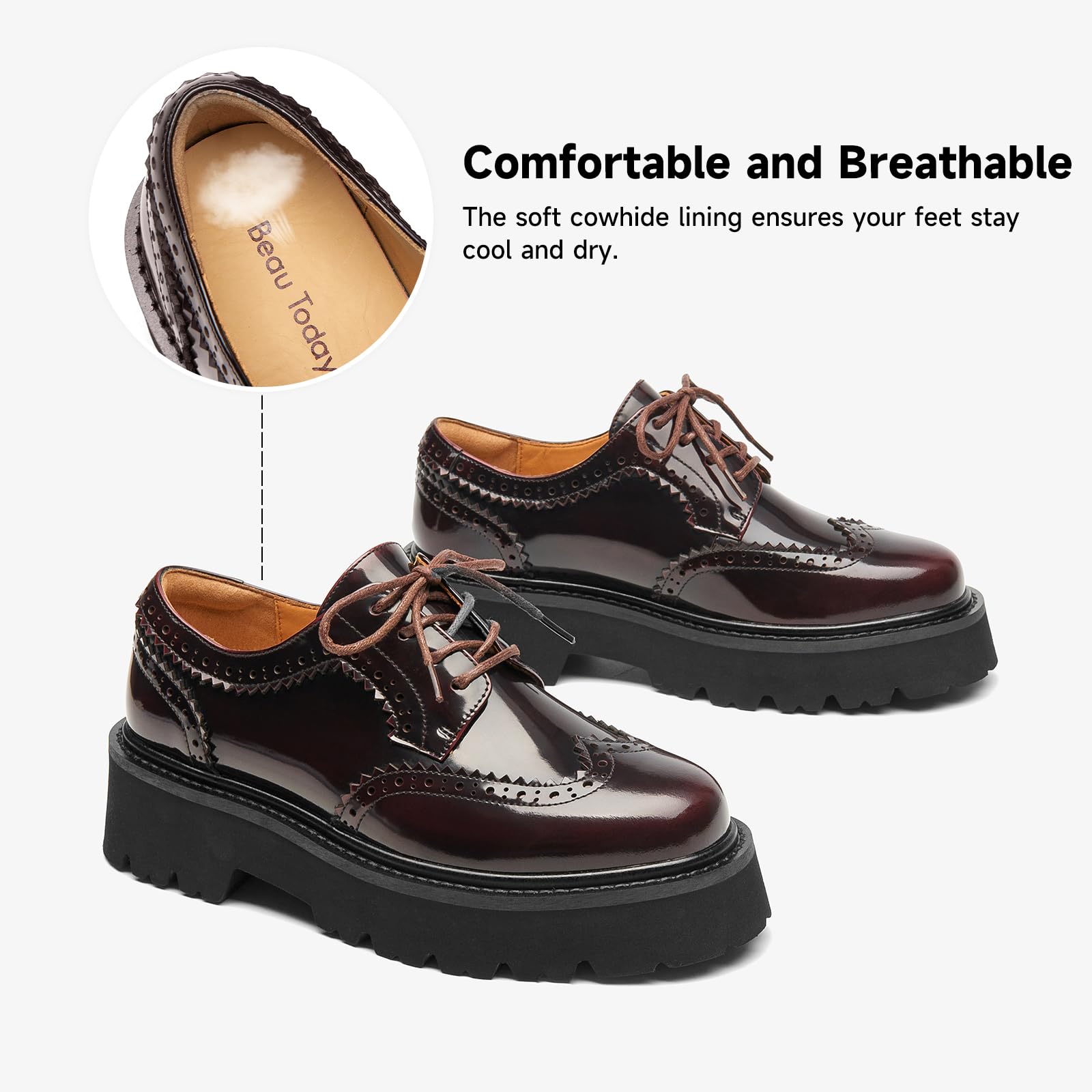BEAU TODAY Women's Chunky Leather Lace-Up Oxford Shoes - Comfortable Platform Dress Shoes for Business, Office & Casual Wear | Perfect for Work, Professional Outfits & Everyday Style