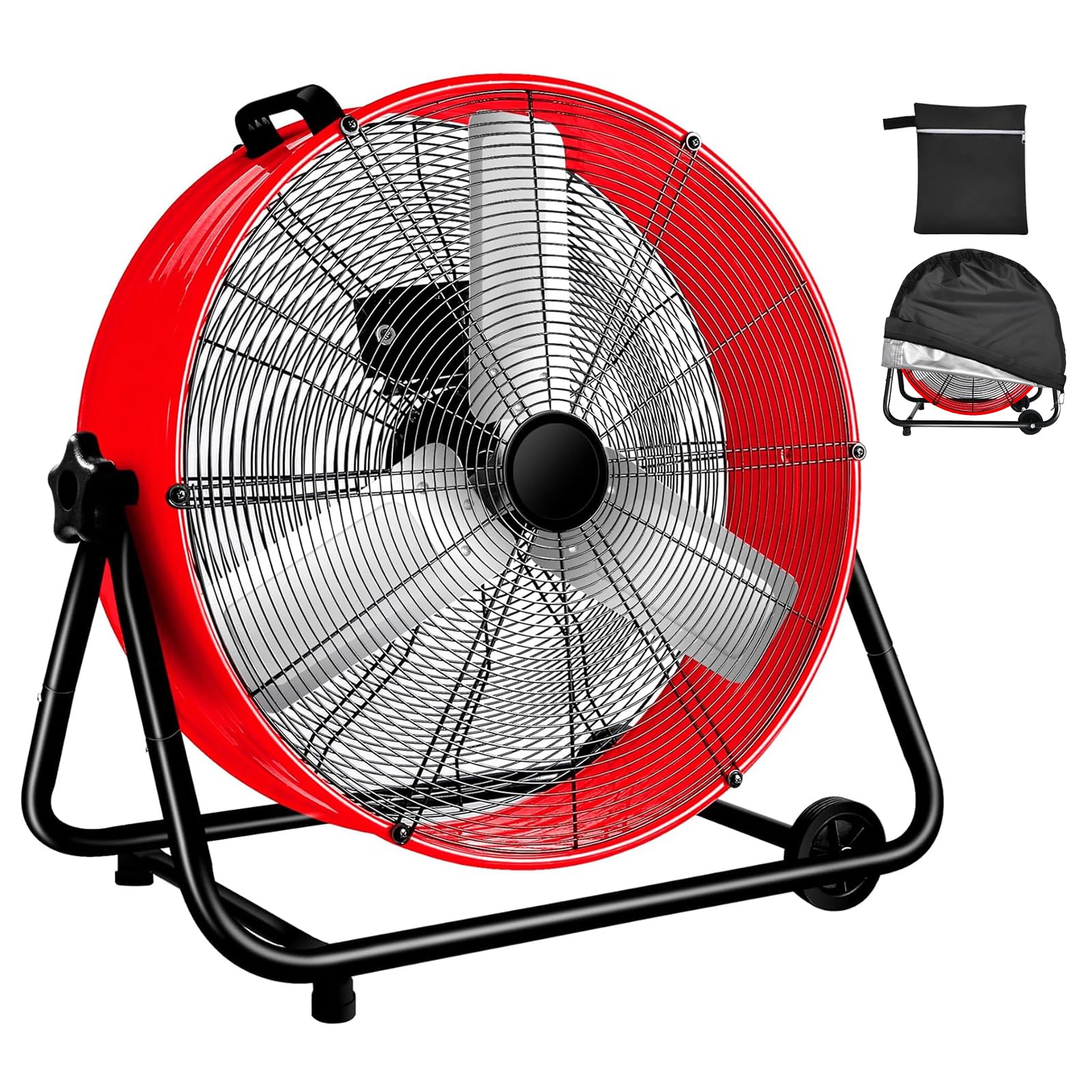 WARMLREC 24 Inch Heavy Duty Industrial Drum Fan - 3 Speed, 8800 CFM High Velocity Air Circulation Fan for Warehouse, Workshop, Factory, Commercial & Residential Use | Perfect for Cooling Large Spaces, Ventilation, and Greenhouse Applications (Red)