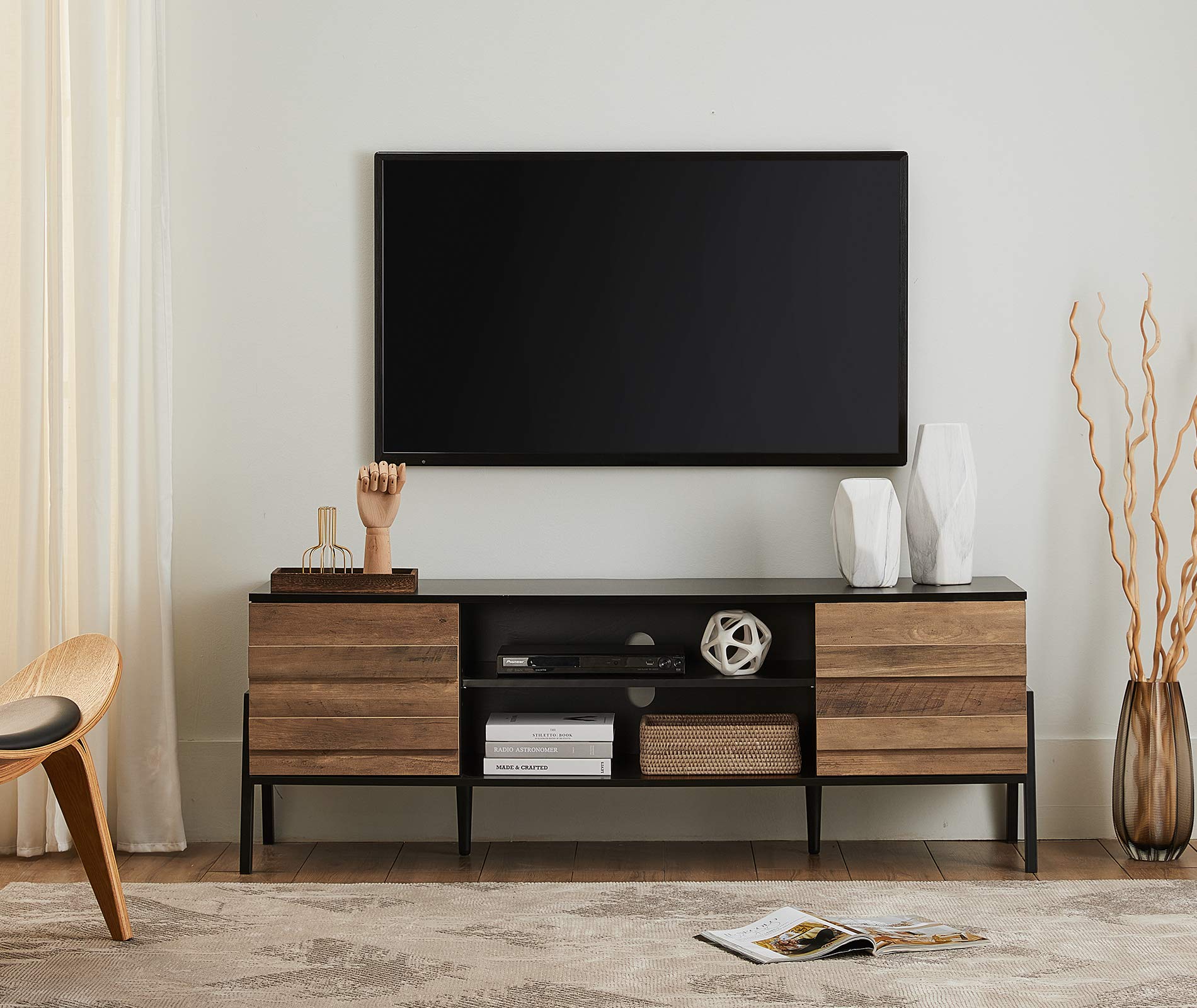 WAMPAT 60 Inch Retro TV Stand with Storage Cabinet for 65+ Inch TVs - Mid Century Modern TV Console Table with Metal Legs & Wood Entertainment Center - Black/Brown - Perfect for Living Room & Bedroom | Home Theater Setup & Media Storage Solution