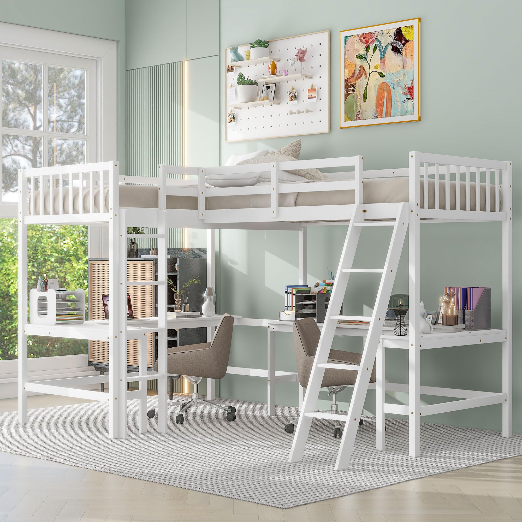 Merax White Wood Twin Size L-Shaped Loft Bed with Ladder & 2 Built-in Desks - Space Saving Bunk Bed for Kids & Teens - Perfect for Small Bedrooms, Dorms & Studio Apartments