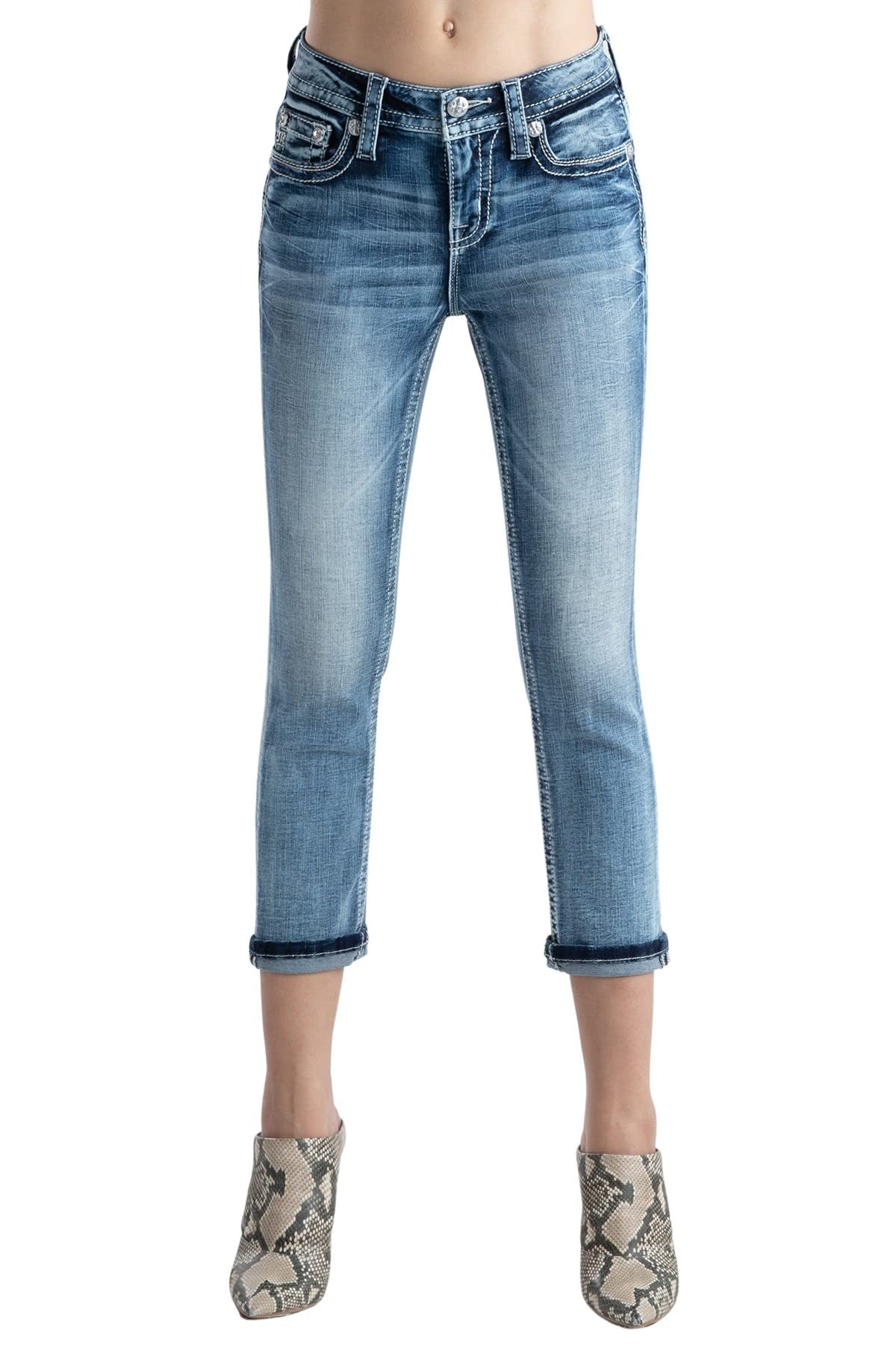 Miss Me Women's Pastel Horseshoe Embellished Mid-Rise Capri Jeans with Pockets - Comfortable Stretch Denim for Casual Wear & Summer Outfits