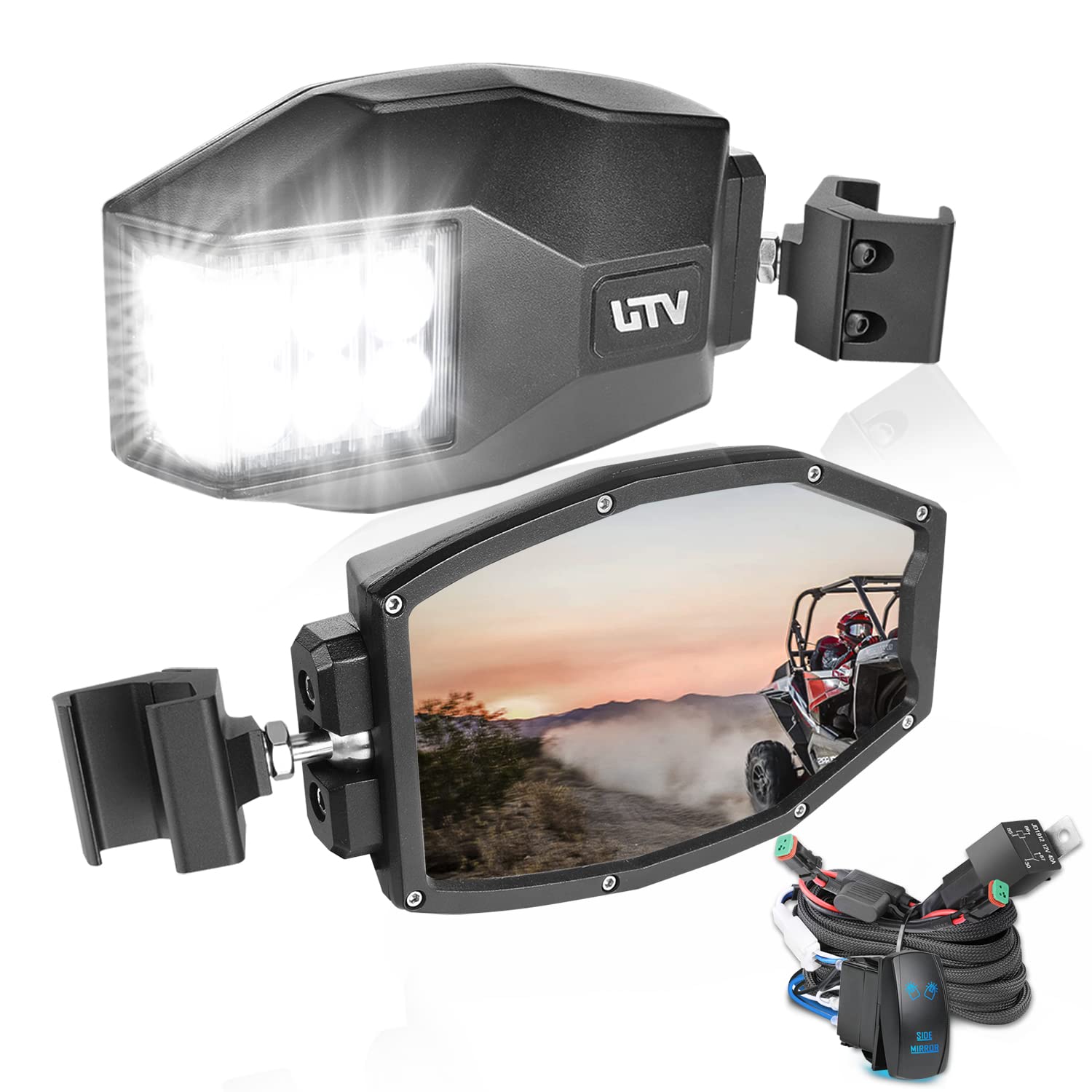 Lumimotor UTV Side View Mirrors with LED Lights - Aluminum Alloy Rearview Mirrors Compatible with Polaris Ranger, Can-Am Defender & Maverick Trail - Perfect for Off-Roading, Hunting & Farm Work