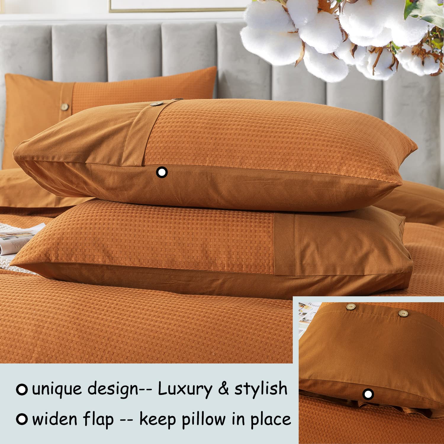 FADFAY Queen Size Burnt Orange Duvet Cover Set - 100% Cotton Waffle Weave Reversible Comforter Cover with Zipper Closure | Luxury Textured Terracotta Bedding | Soft, Breathable 3-Piece Set for All Seasons | Perfect for Master Bedroom, Guest Room & Cozy Home Decor