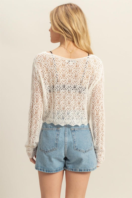 HYFVE Women's Crochet Round Neck Cropped Knit Cover Up - Lightweight Summer Beach Cardigan for Boho Style, Vacation, and Poolside Relaxation