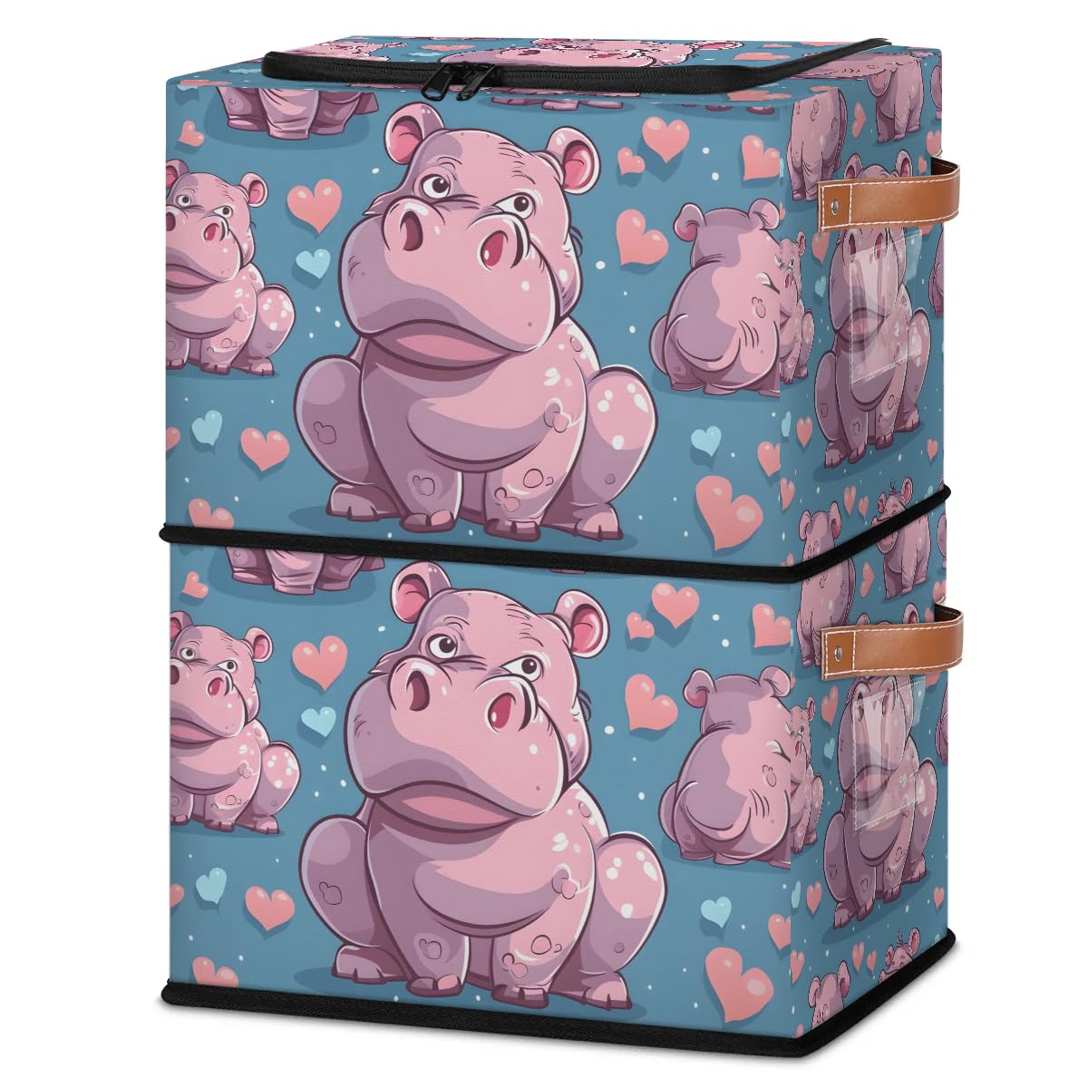Pink Heart Hippo Storage Bins with Zipper Lid - 2 Pack Stackable Closet Organizer Baskets with Metal Frame & PU Handles - Perfect for Clothes, Toys, and Home Organization