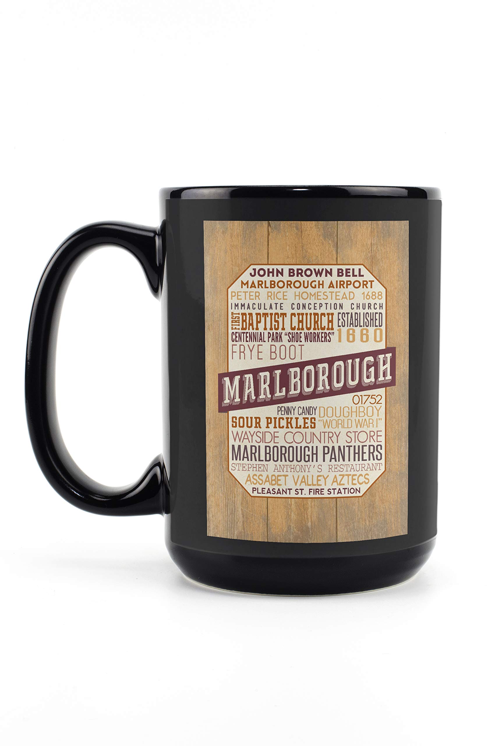 Lantern Press Marlborough Massachusetts Typography Contour 15oz Black Ceramic Coffee Mug - Microwave & Dishwasher Safe - Perfect for Home, Office & Gifts
