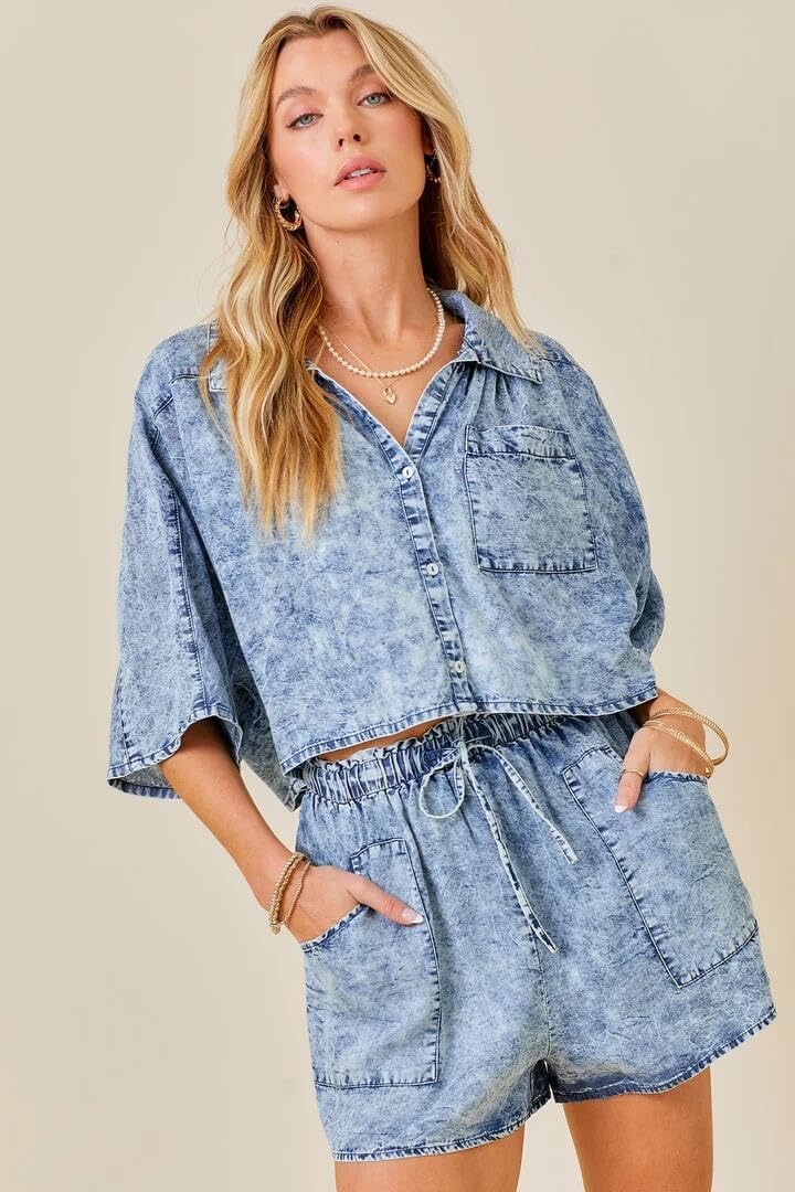 NIFTRIRY Women's Cozy Casual Two Piece Outfit - Oversized Top & Drawstring Denim Shorts Set | Summer Streetwear, Beach Vacation, Weekend Outfits