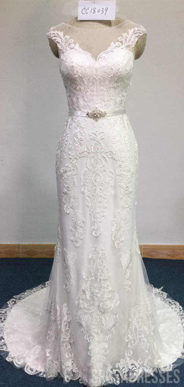 Elegant Cap Sleeves Lace Mermaid Wedding Dress - A-Line Bridal Gown WD678 for Beach, Church & Formal Weddings