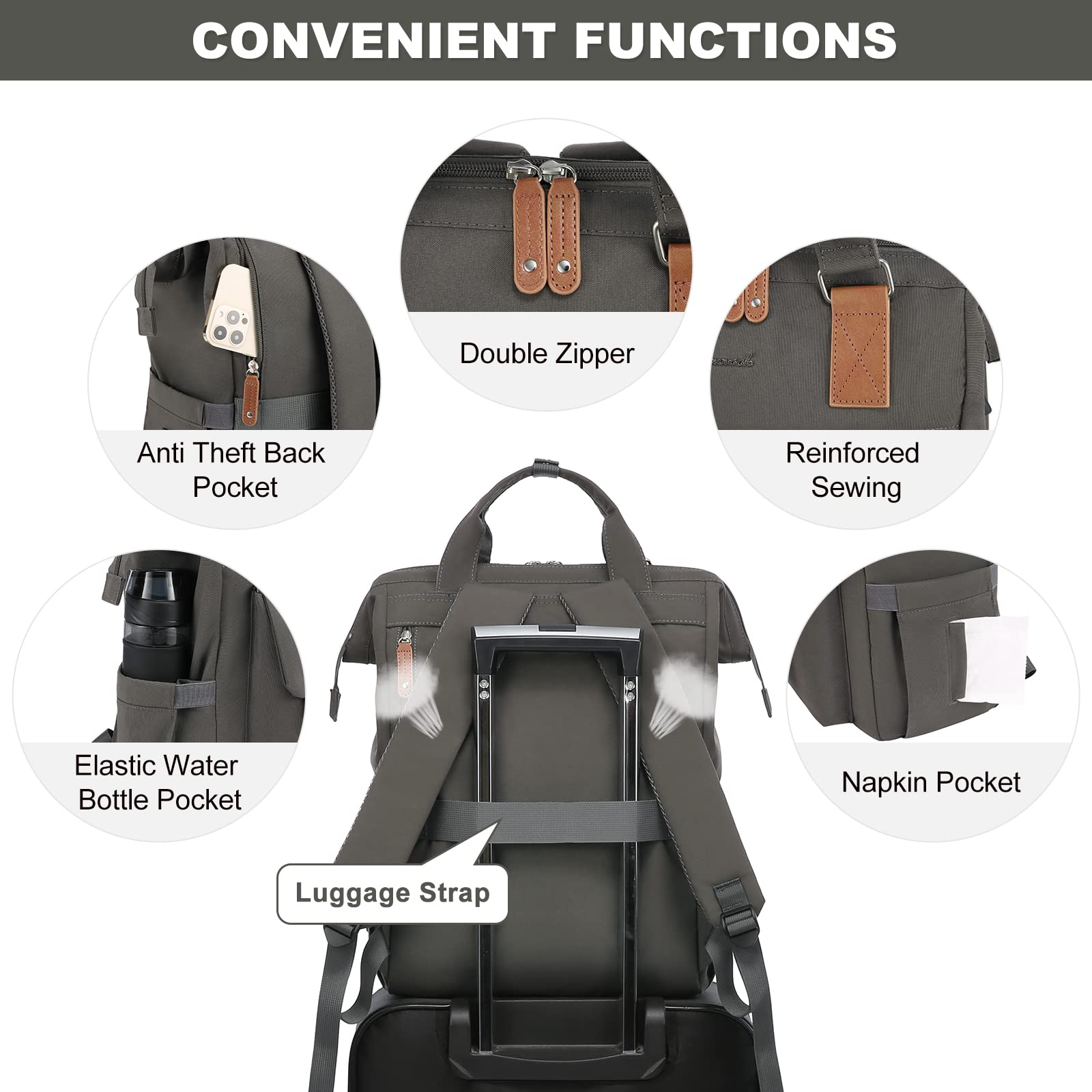 LOVEVOOK Women's 17 Inch Laptop Backpack - Stylish Dark Grey-Brown Business Travel Commuter Bag for Work, College, Teacher, Doctor & Nurse - Perfect for Office, School & Daily Use