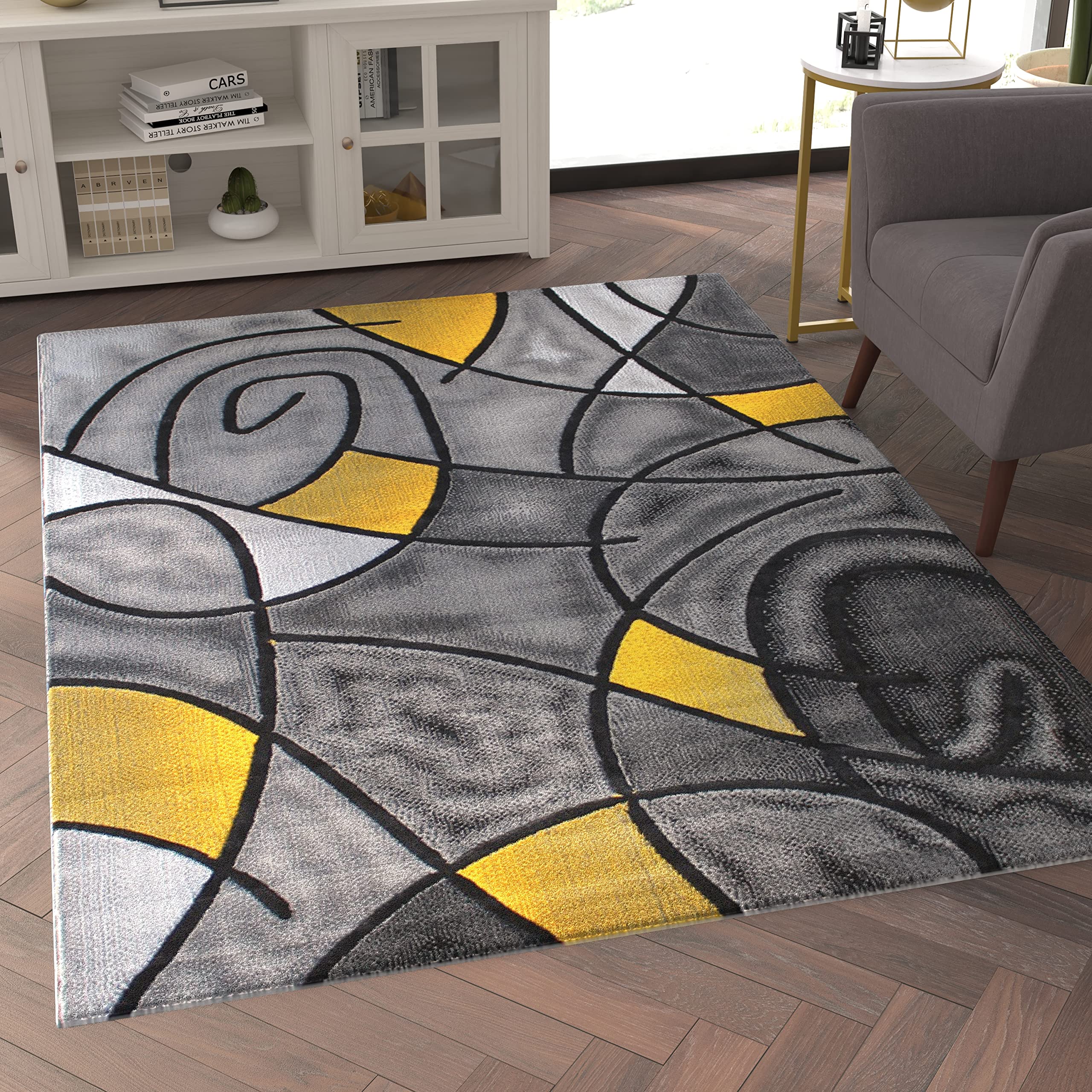 EMMA + OLIVER Urbane Plush Olefin Accent Rug - 5x7 Abstract Geometric Design with Gray Gradient & Yellow Accents - Stain & Moisture Resistant - Perfect for Living Room, Bedroom or Office Decor