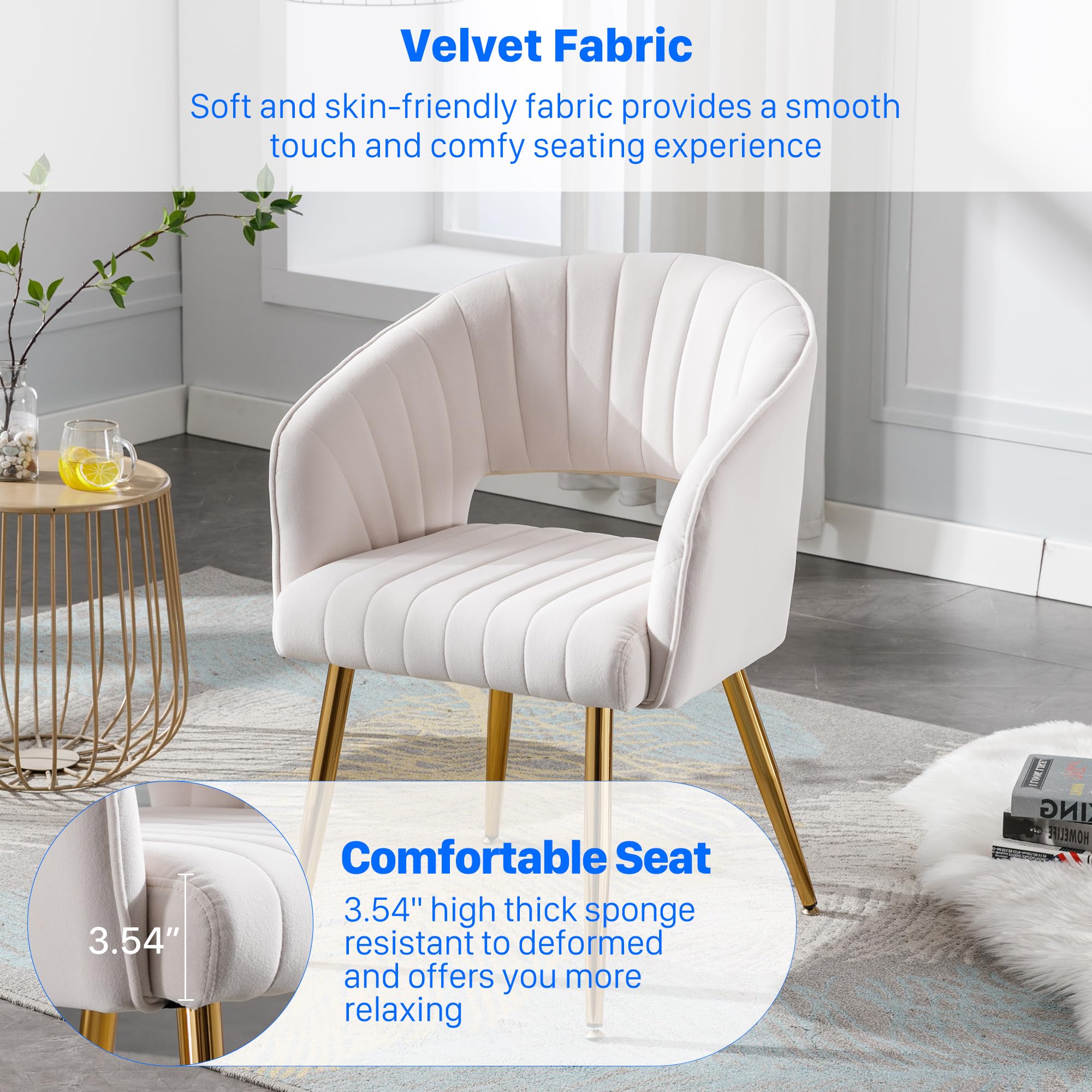 Velvet Tufted Desk Chair with Gold Legs - Ergonomic Home Office Chair for Women, Modern Upholstered Accent Armchair for Study, Computer Work & Living Room - Cream Velvet Seat (Perfect for Home Office, Study Nook & Cozy Reading Corner)