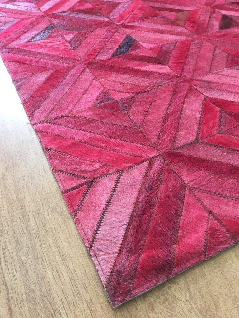 Premium Cowhide Leather Area Rug - Moroccan Patchwork Style in Hot Pink | 4x6 ft Luxury Indoor Carpet for Living Room, Bedroom & Office Decor