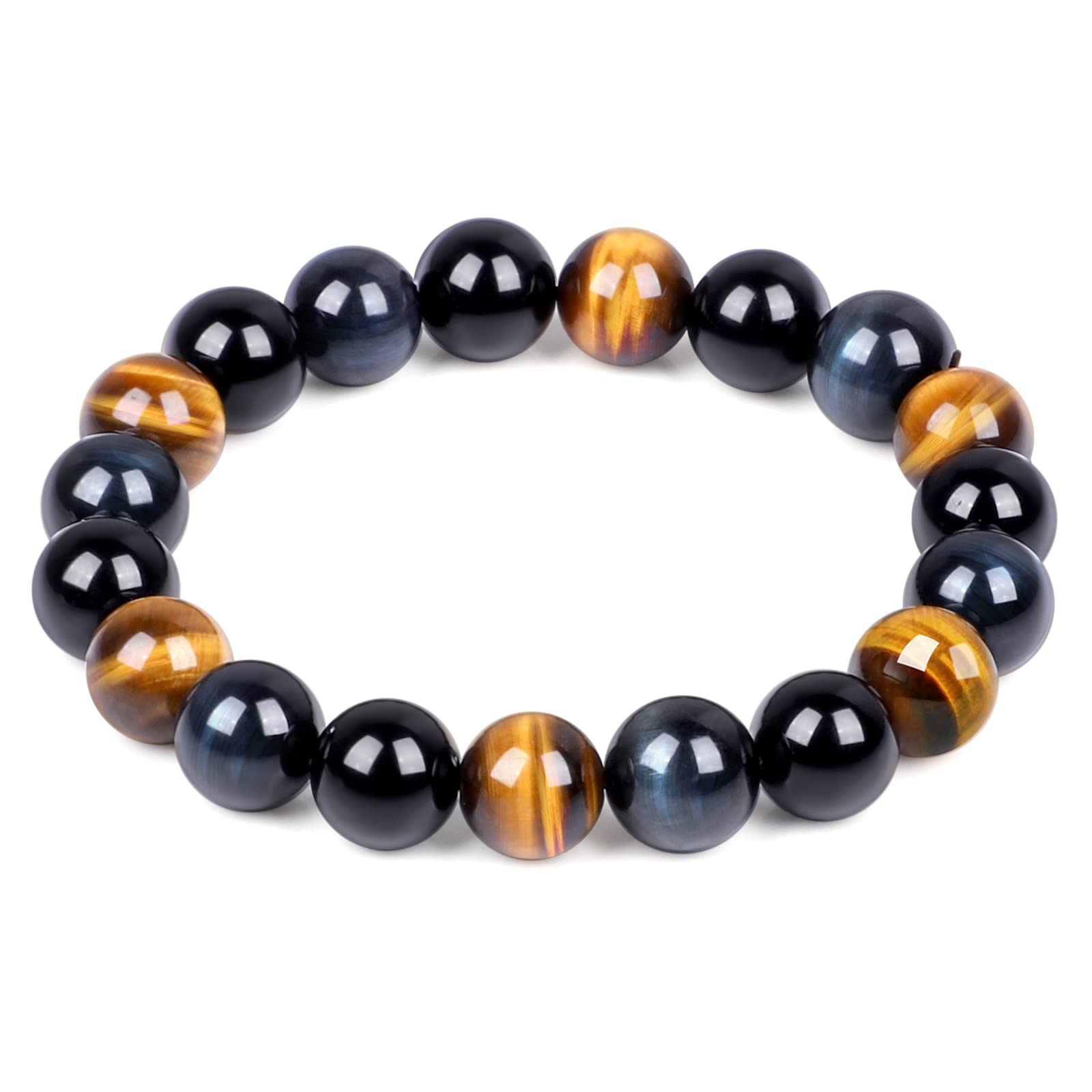10MM Tiger Eye & Black Obsidian Beaded Bracelet for Men & Women - Triple Protection, Anxiety Relief, Courage Booster | Healing Crystal Energy Bracelet for Meditation, Stress Relief & Spiritual Growth