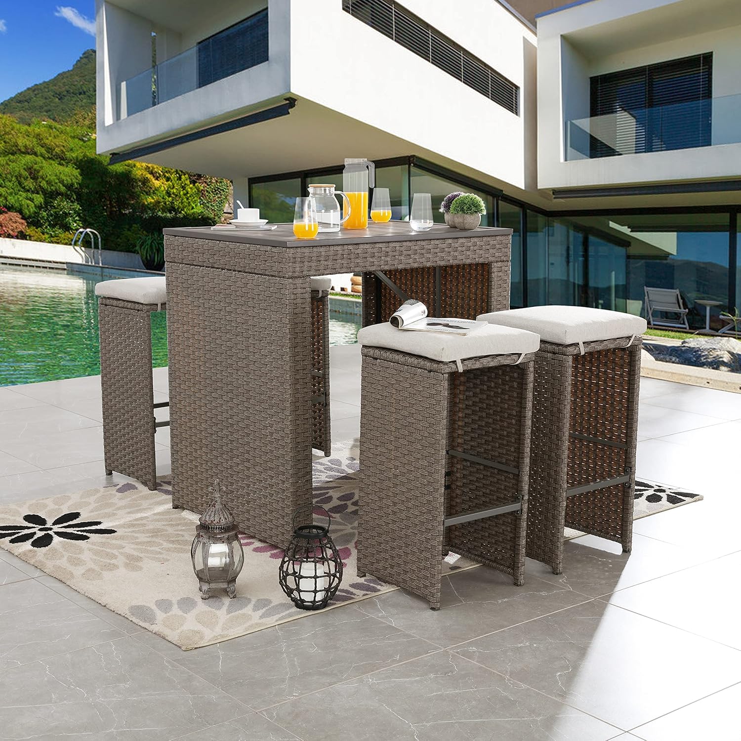 LOKATSE HOME 5-Piece Outdoor Bar Set with Patio Stools & Rattan Table - Pub Height Wicker Furniture with Removable Cushions - Perfect for Backyards, Porches, Gardens, Poolside & Outdoor Entertaining - Brown