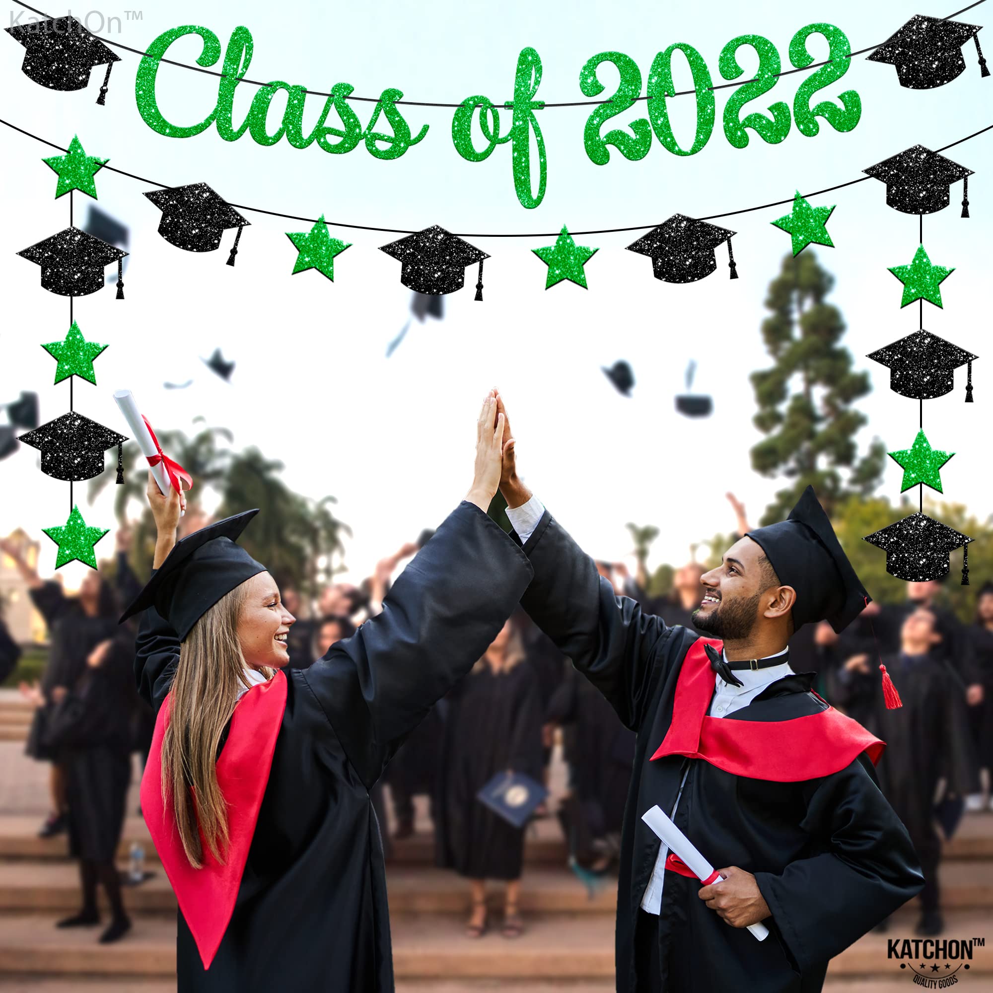 Class of 2022 Graduation Banner - 10ft Green Glitter Banner with Cap Garland | No DIY Graduation Party Decorations | Green & Black Graduation Decor for High School & College Graduation Ceremony | Perfect for Graduation Party Backdrop, Photo Booth & Wall Decor