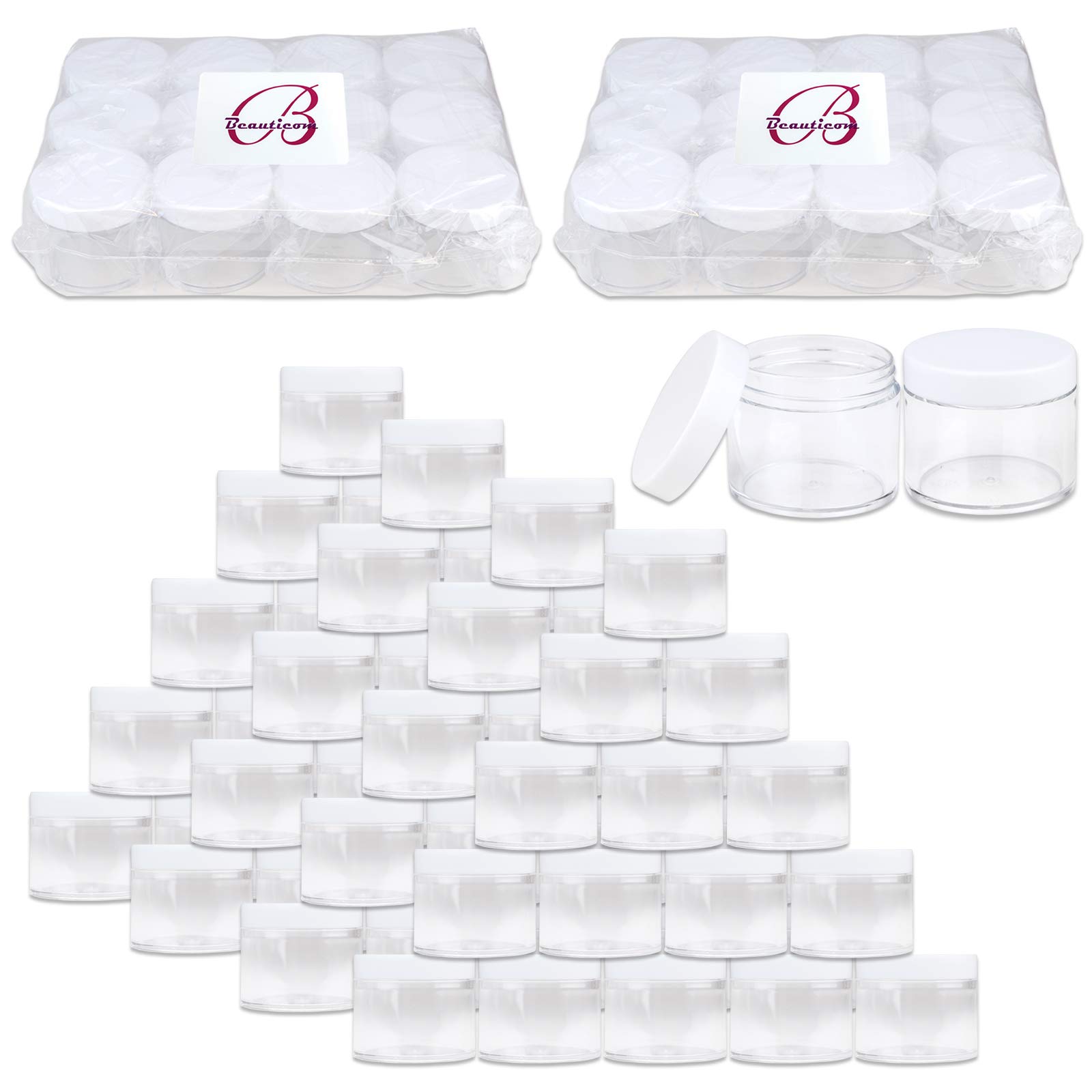 Beauticom 60 Grams (2 Oz) Clear Leak-Proof Plastic Jars with White Lids - Travel-Friendly Cosmetic Containers for Makeup, Lotion, Creams, Oils & Salves (Pack of 384) - Perfect for Home, Salon & DIY Beauty Products Storage